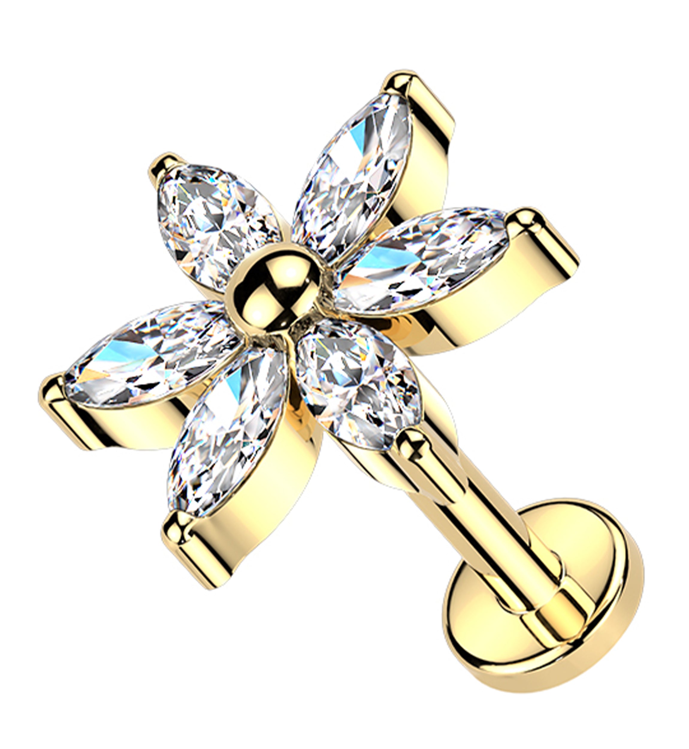 Gold PVD Senary Flower Clear CZ Threadless Titanium Labret