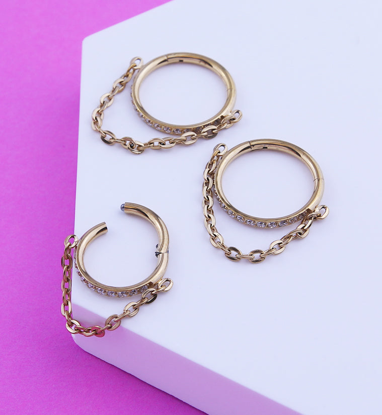 Gold PVD Side Facing Clear CZ Row Dangle Chain Hinged Segment Ring