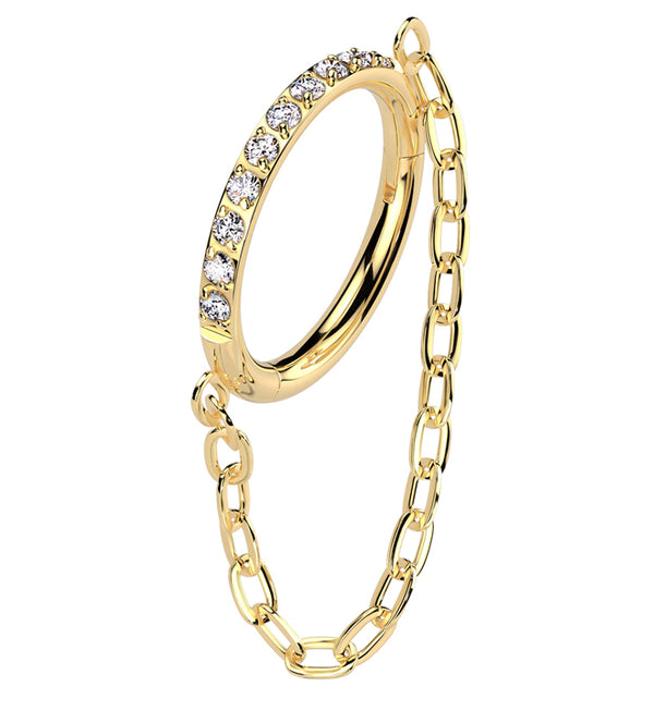 Gold PVD Side Facing Clear CZ Row Dangle Chain Hinged Segment Ring