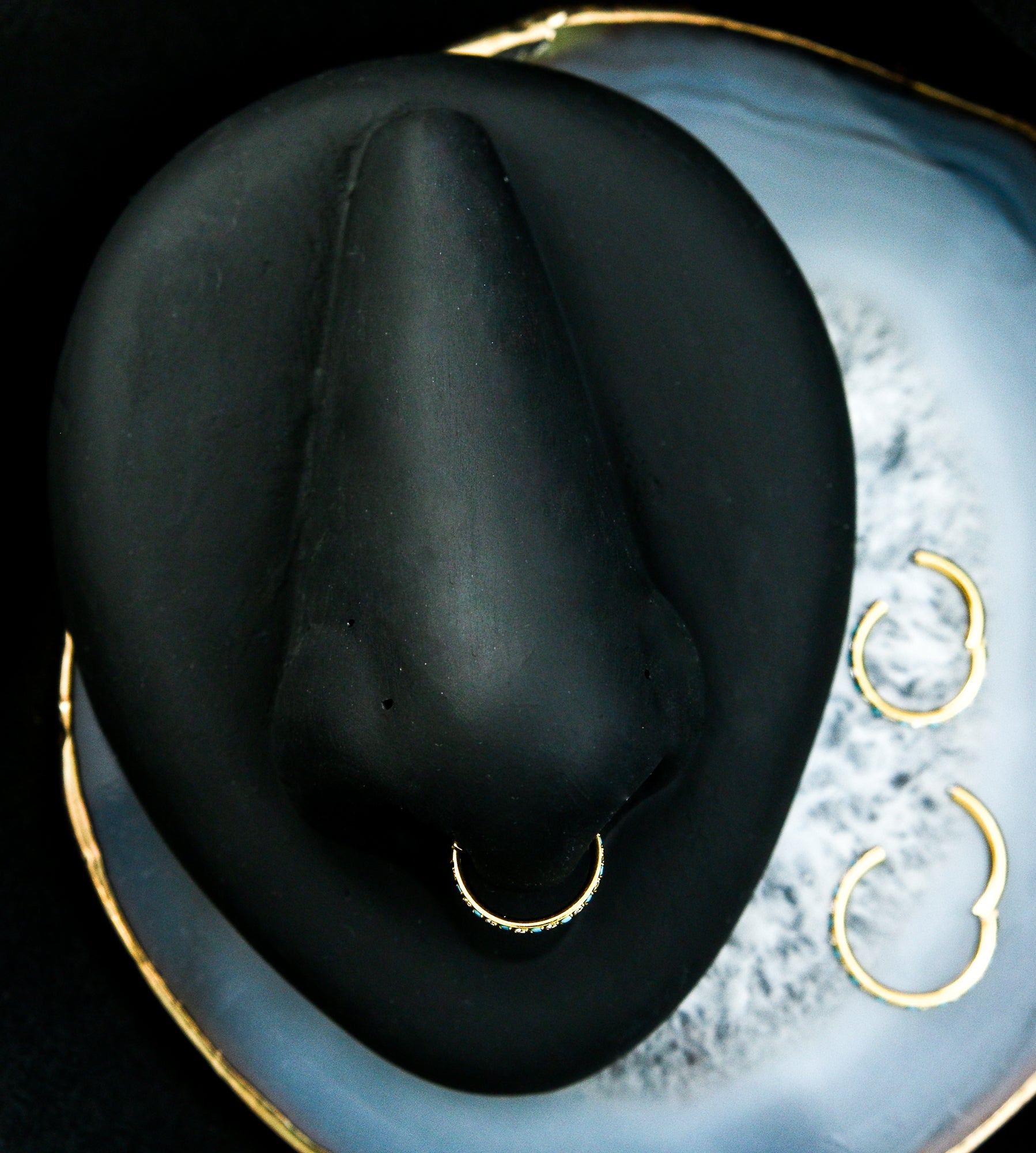 Gold PVD Side Facing Clear CZ Turquoise Titanium Hinged Segment Ring