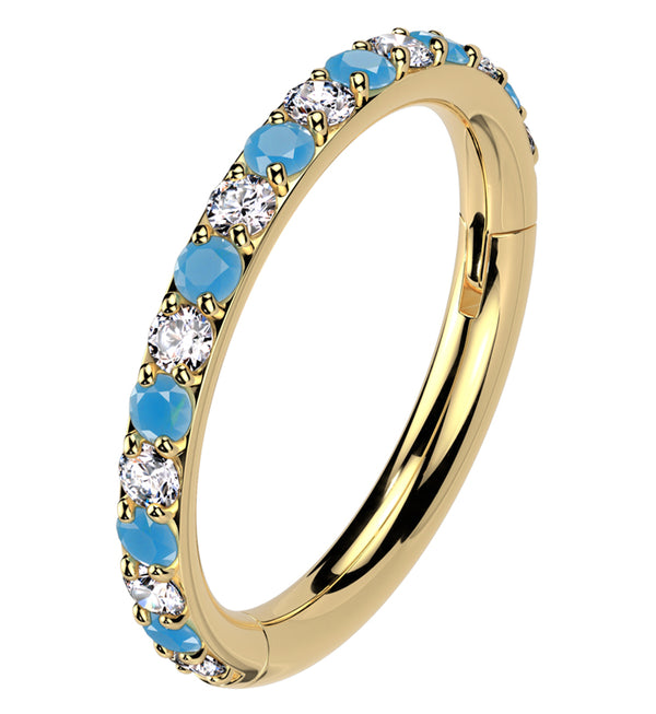 Gold PVD Side Facing Clear CZ Turquoise Titanium Hinged Segment Ring