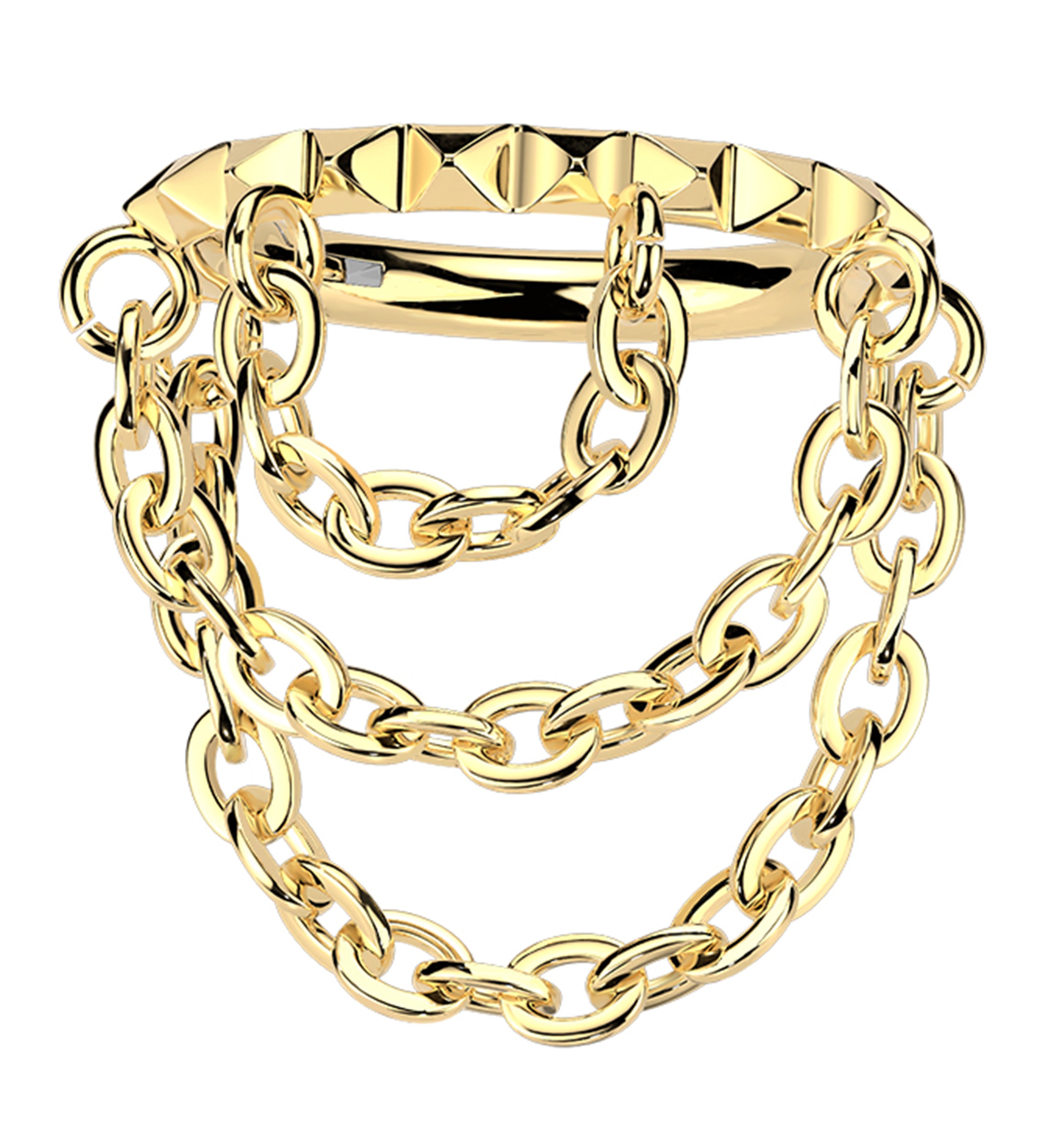 Gold PVD Side-Facing Polyhedra Row Triple Dangle Chain Hinged Segment Ring