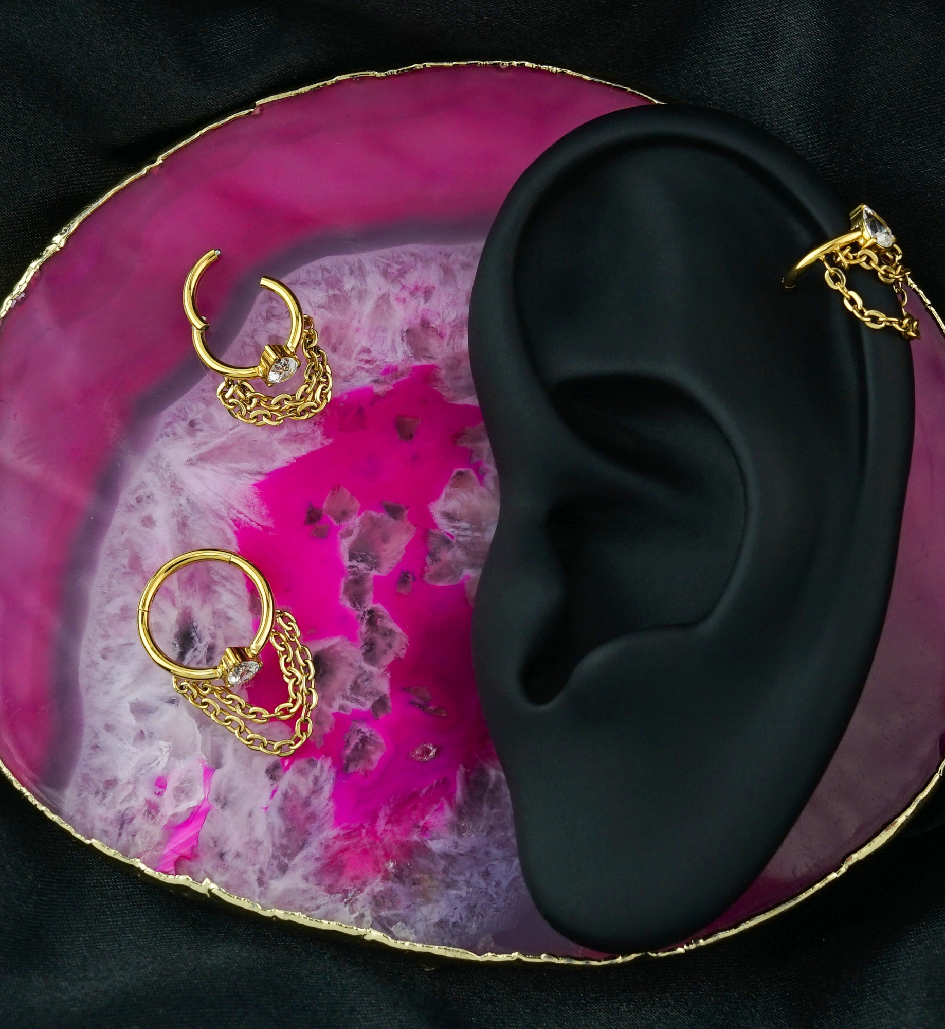 Gold PVD Side-Facing Teardrop Clear CZ Double Dangle Chain Hinged Segment Ring