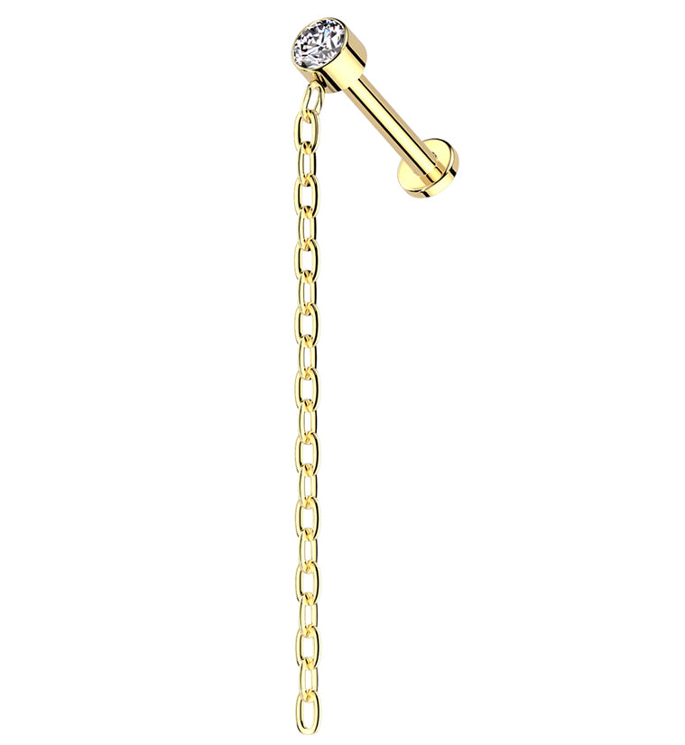 Gold PVD Single Dangle Chain Clear CZ Internally Threaded Titanium Labret