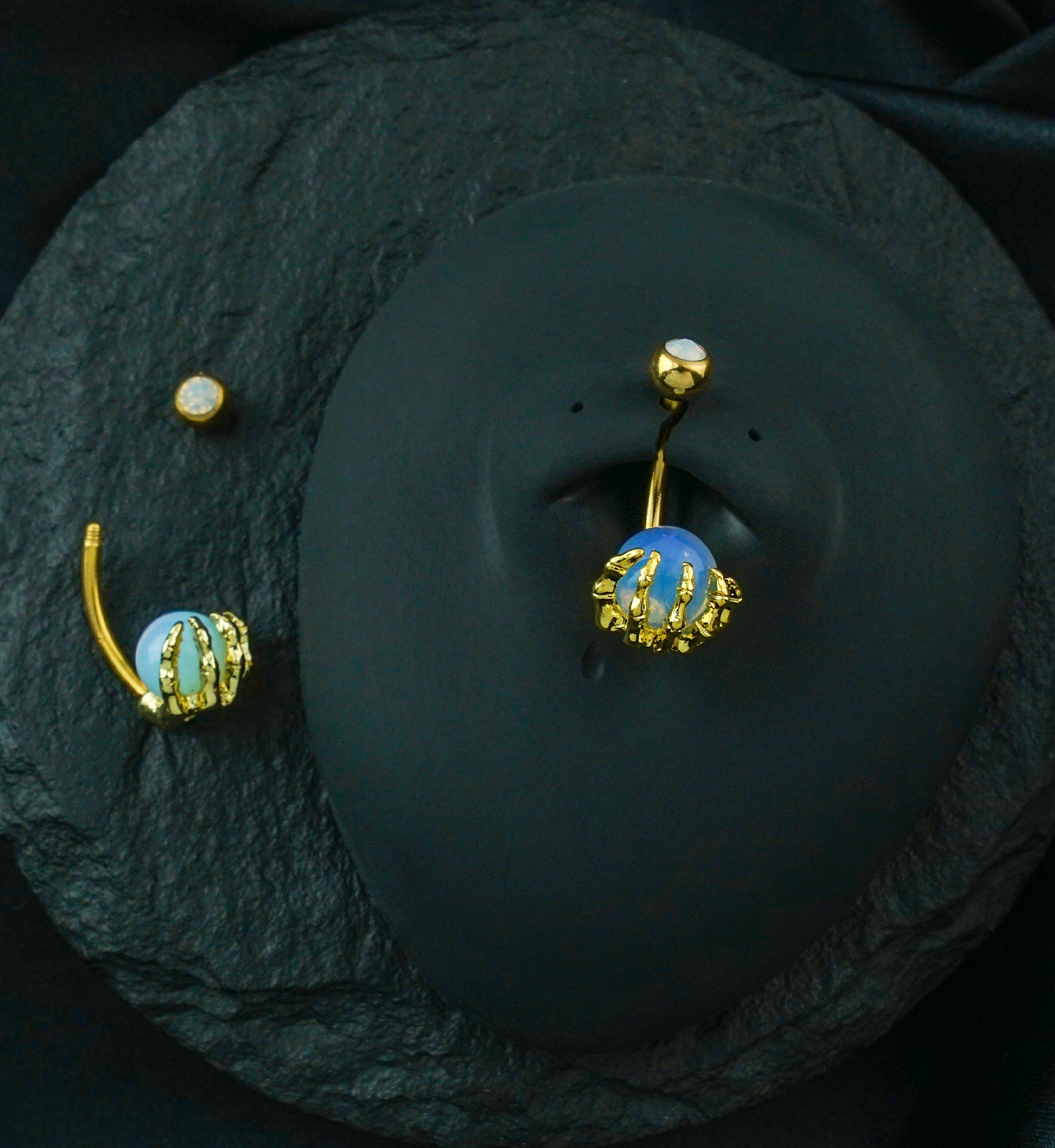 Gold PVD Skeletal Palm White Opalite Belly Button Ring