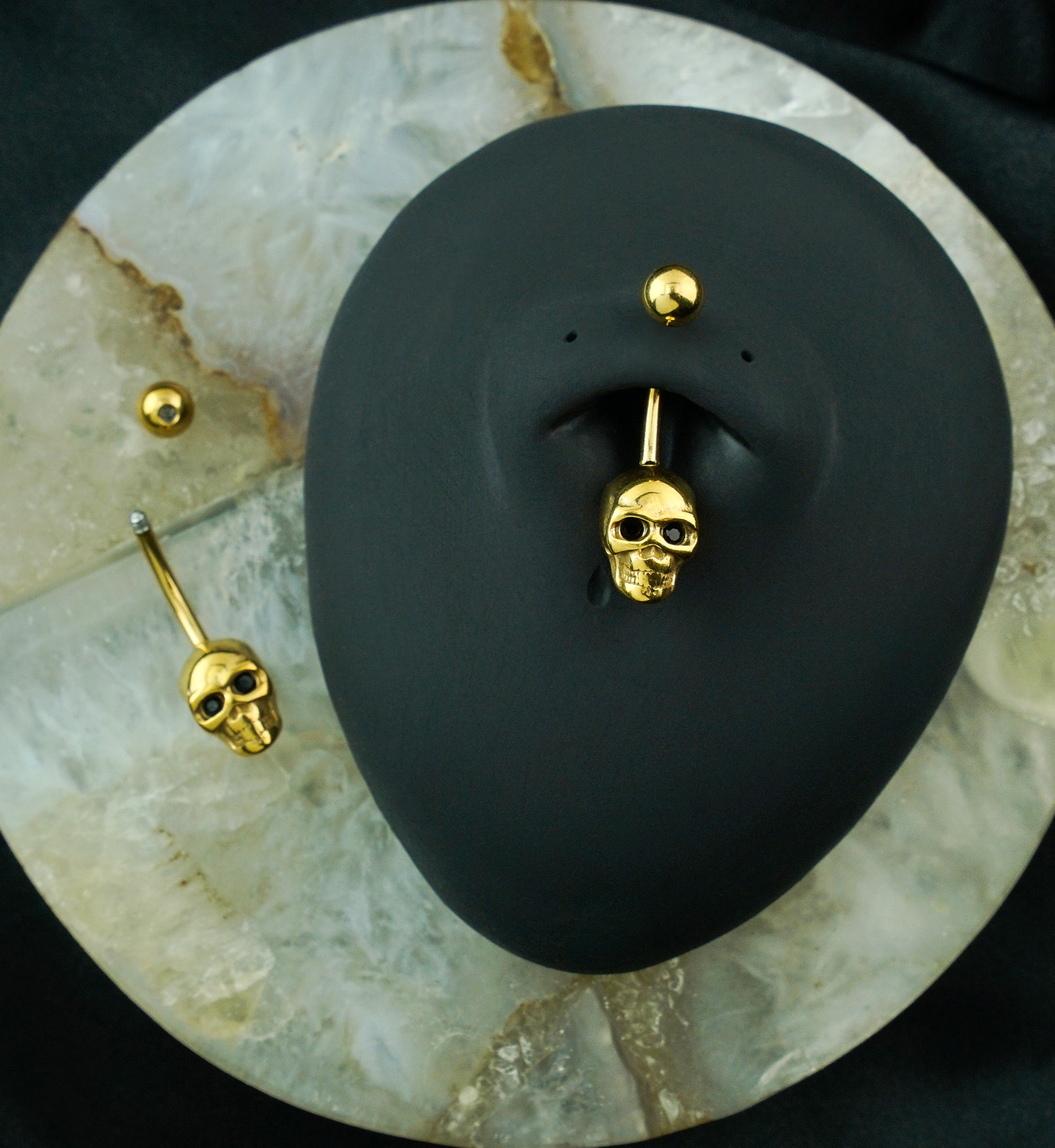Gold PVD Skull Black CZ Stainless Steel Belly Button Ring