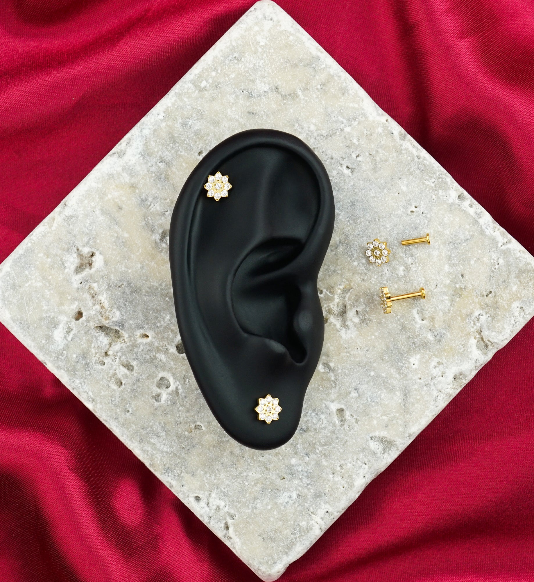 Gold PVD Snow Flower CZ Internally Threaded Stainless Steel Labret
