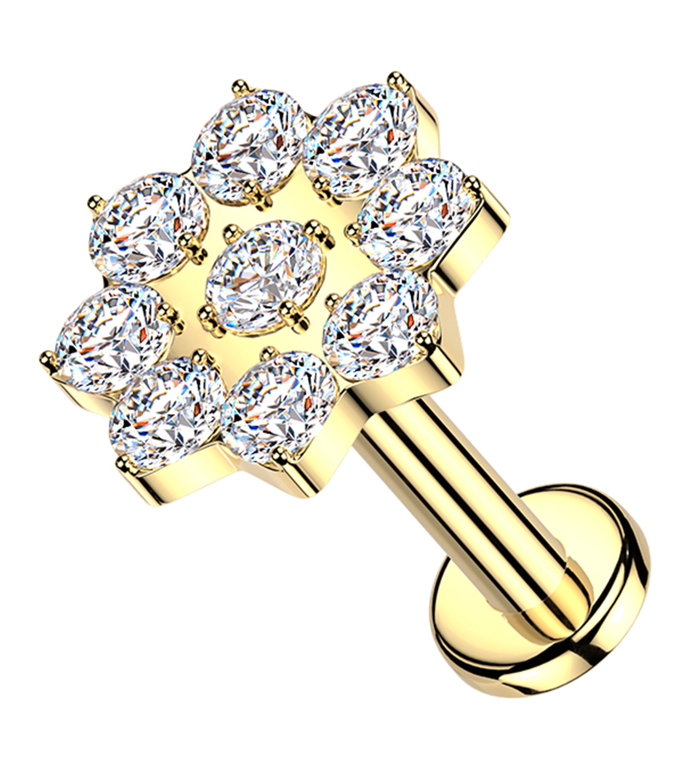 Gold PVD Snow Flower CZ Internally Threaded Stainless Steel Labret