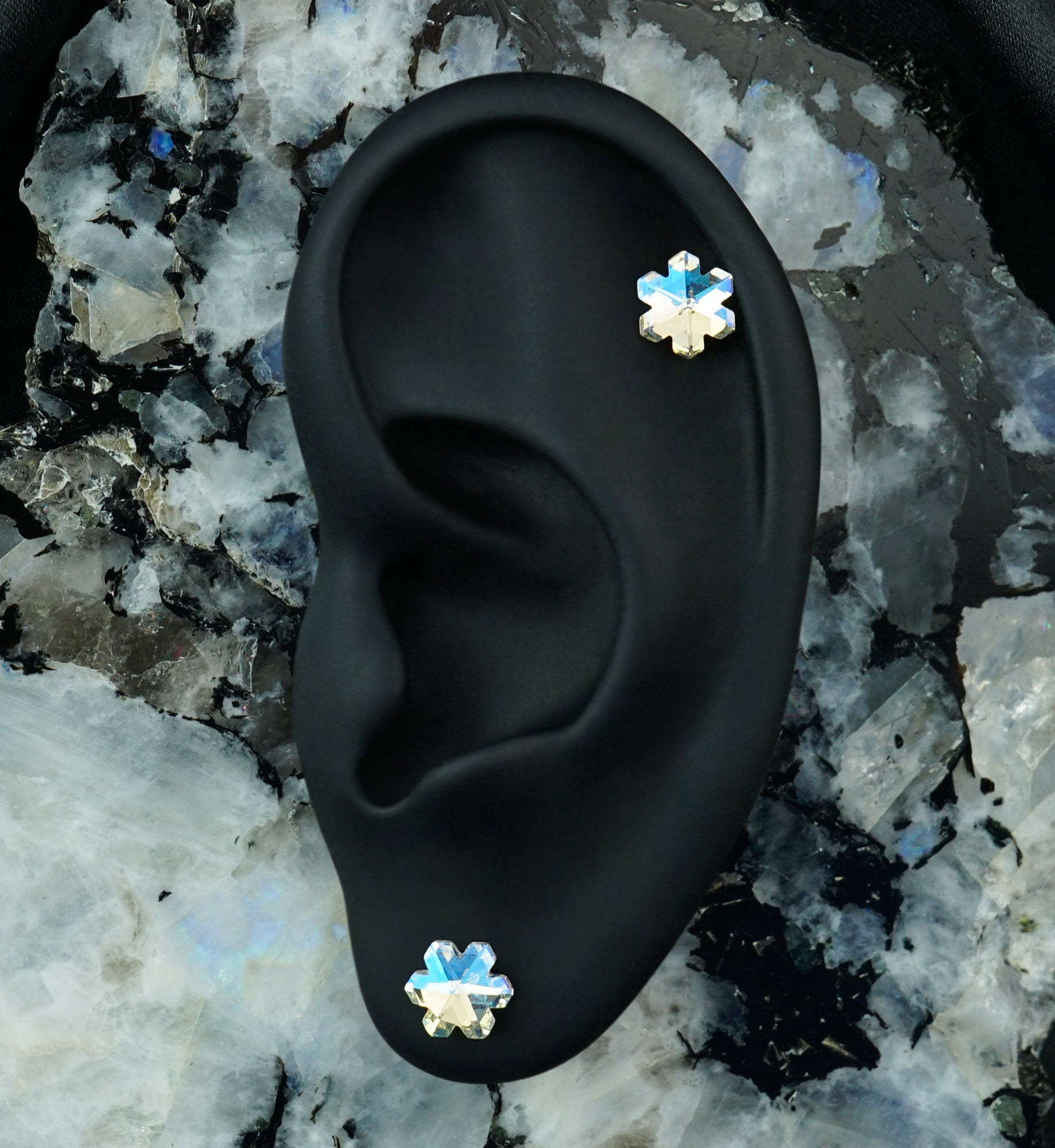 Gold PVD Snowflake Iridescent CZ Stainless Steel Flower Back Stud Earrings