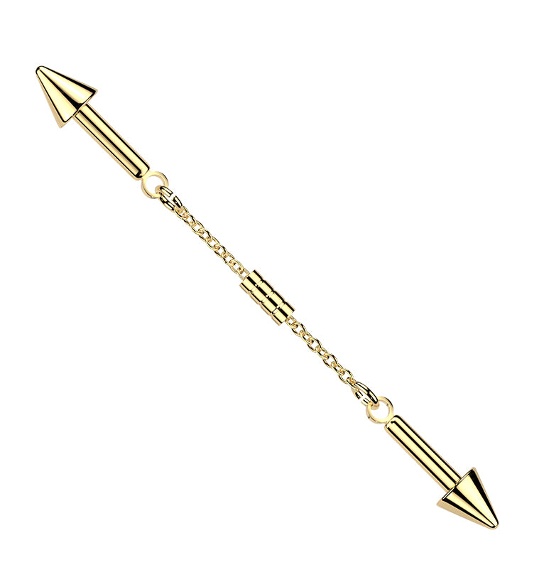 Gold PVD Spike Chain Linked Externally Threaded Stainless Steel Barbell