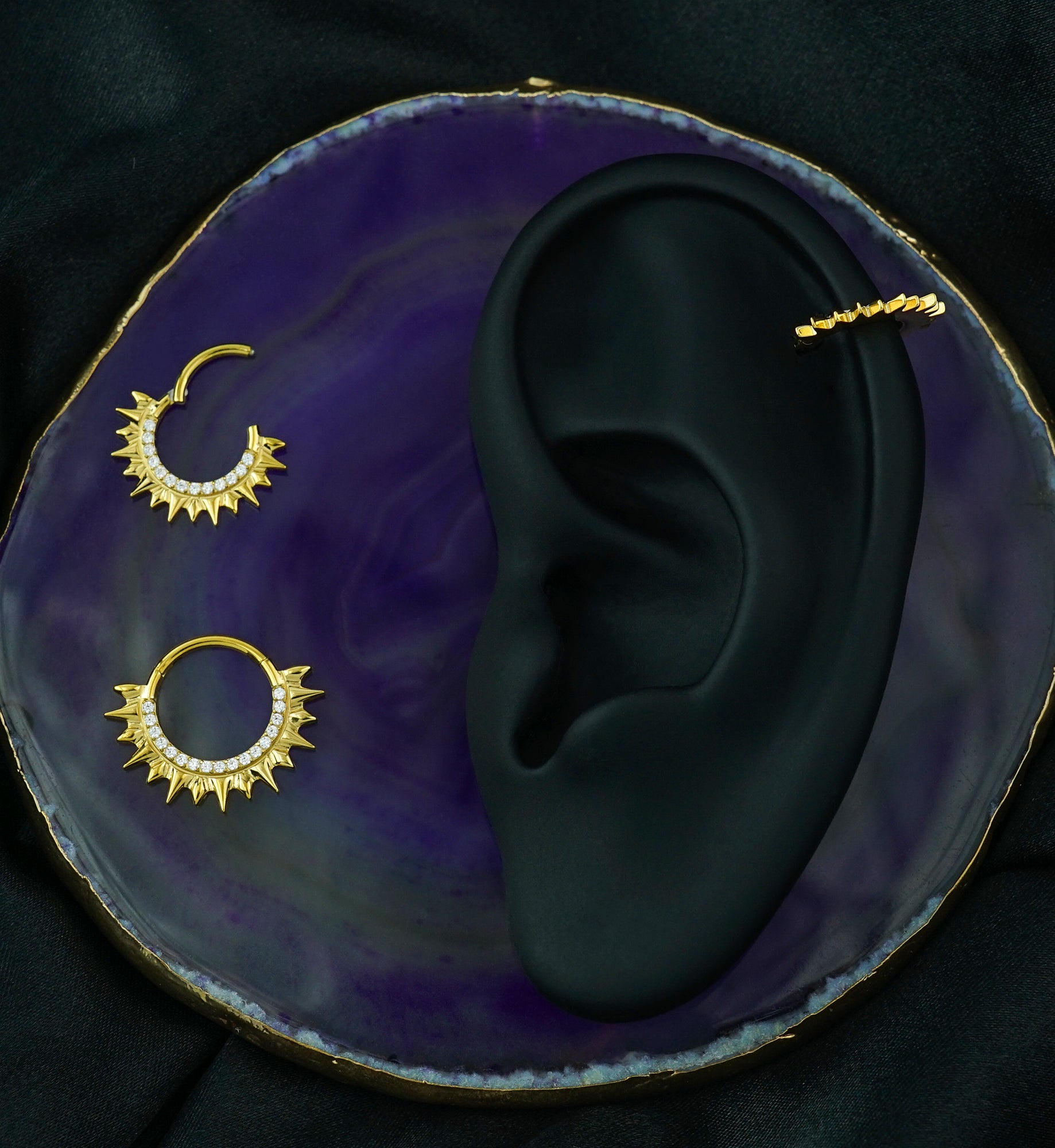 Gold PVD Spikes Clear CZ Stainless Steel Hinged Segment Ring