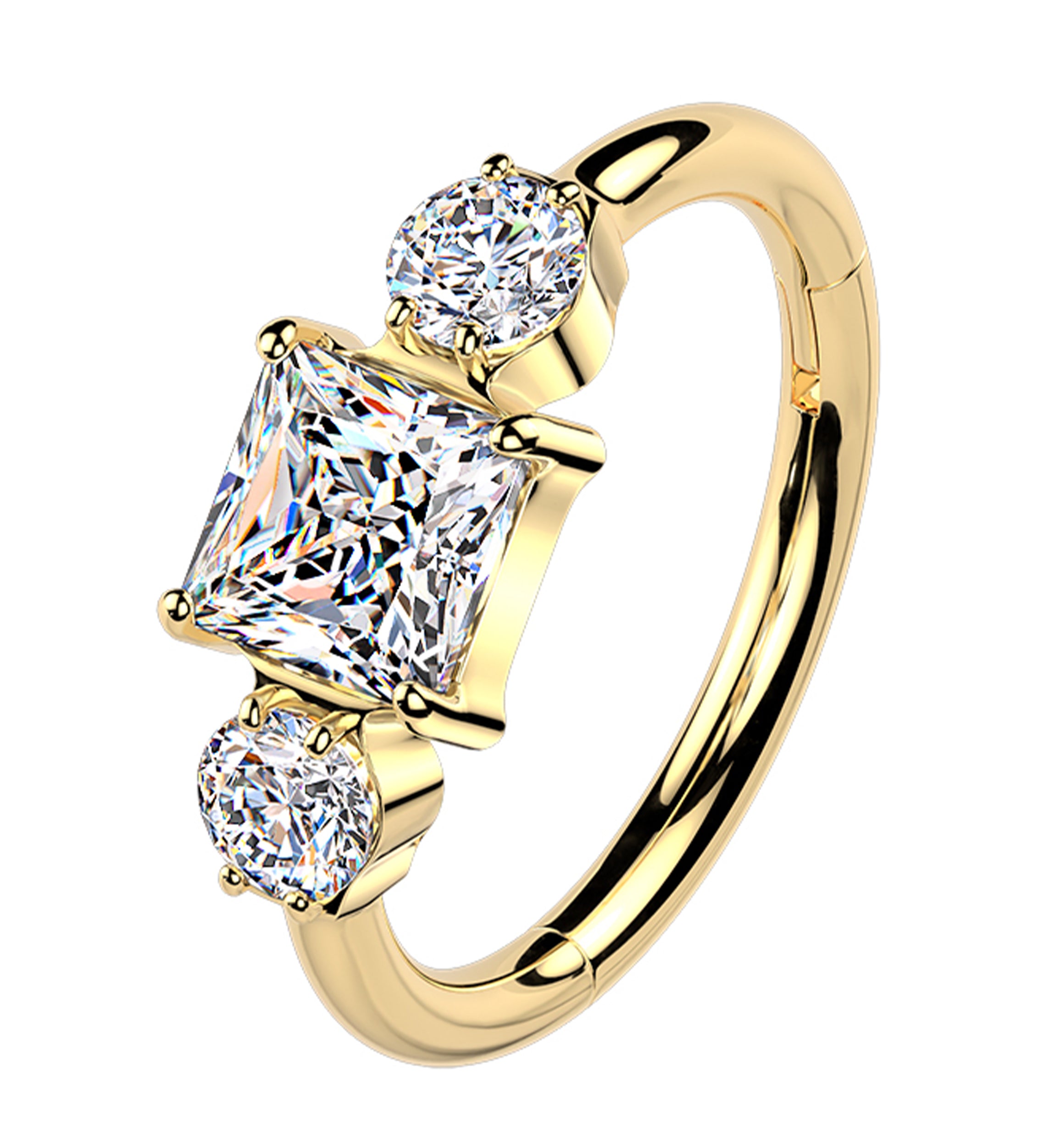 Gold PVD Square And Round Clear CZ Titanium Hinged Segment Ring