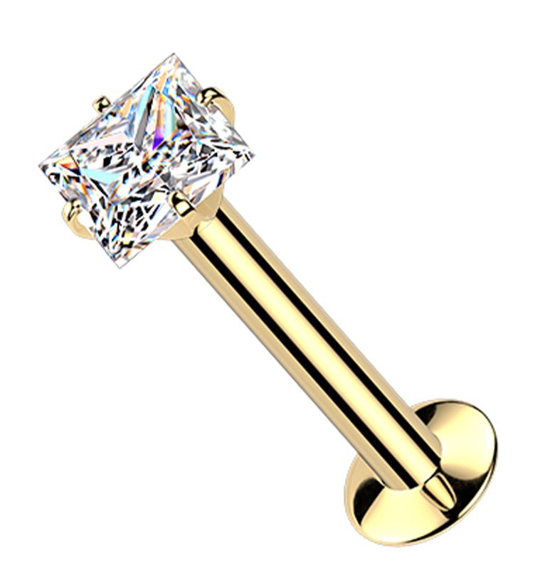 Gold PVD Square Prong Clear CZ Stainless Steel Threadless Convex Disk Labret