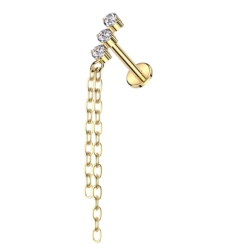 Gold PVD Stacked Triple Clear CZ Dangle Chains Titanium Internally Threaded Labret