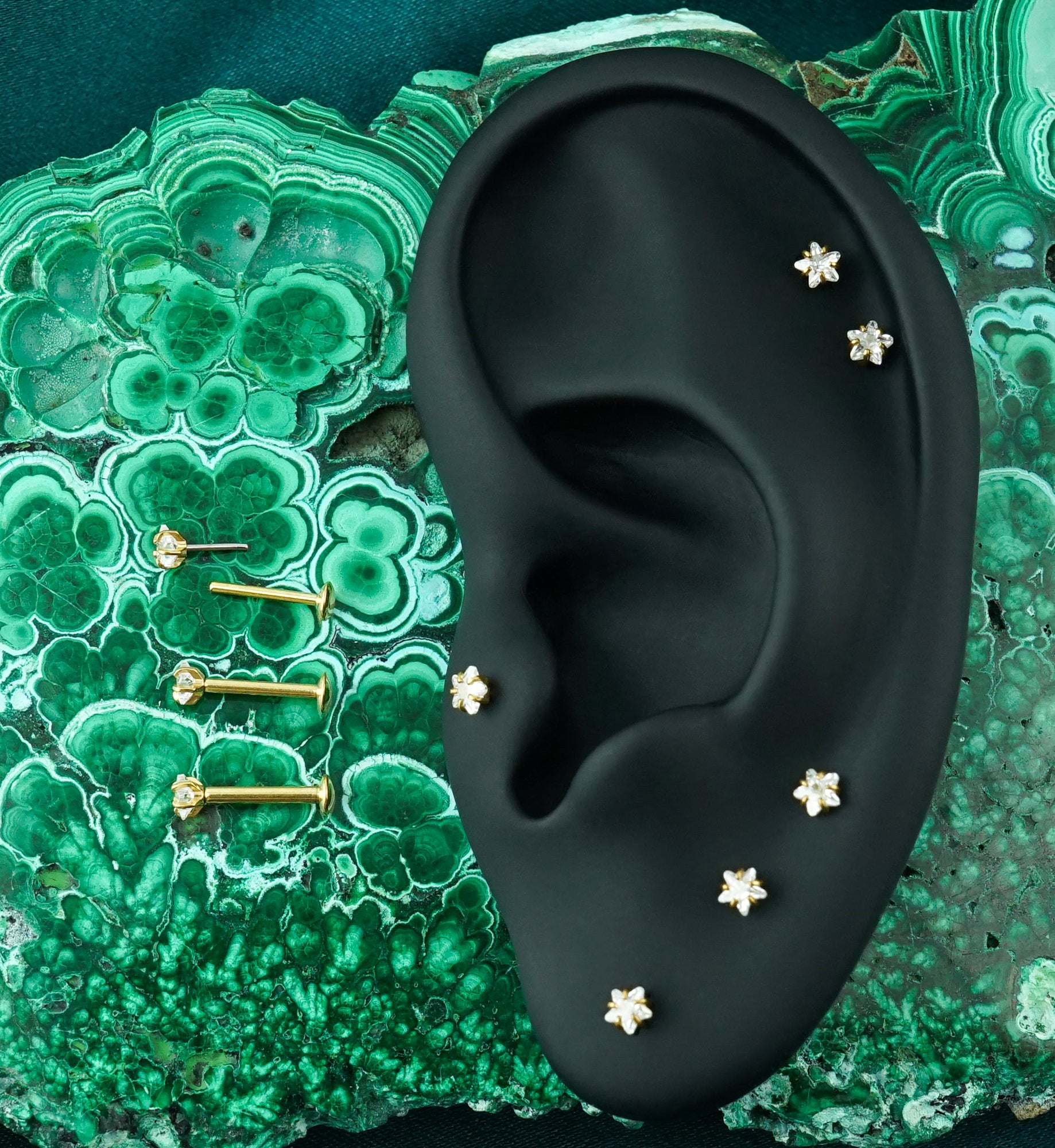 Gold PVD Star Prong Clear CZ Stainless Steel Threadless Convex Disk Labret