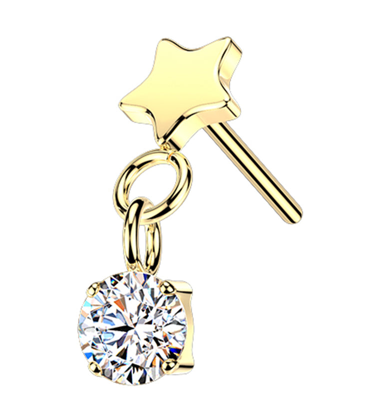 Gold PVD Star With Round CZ Dangle Titanium Threadless Top