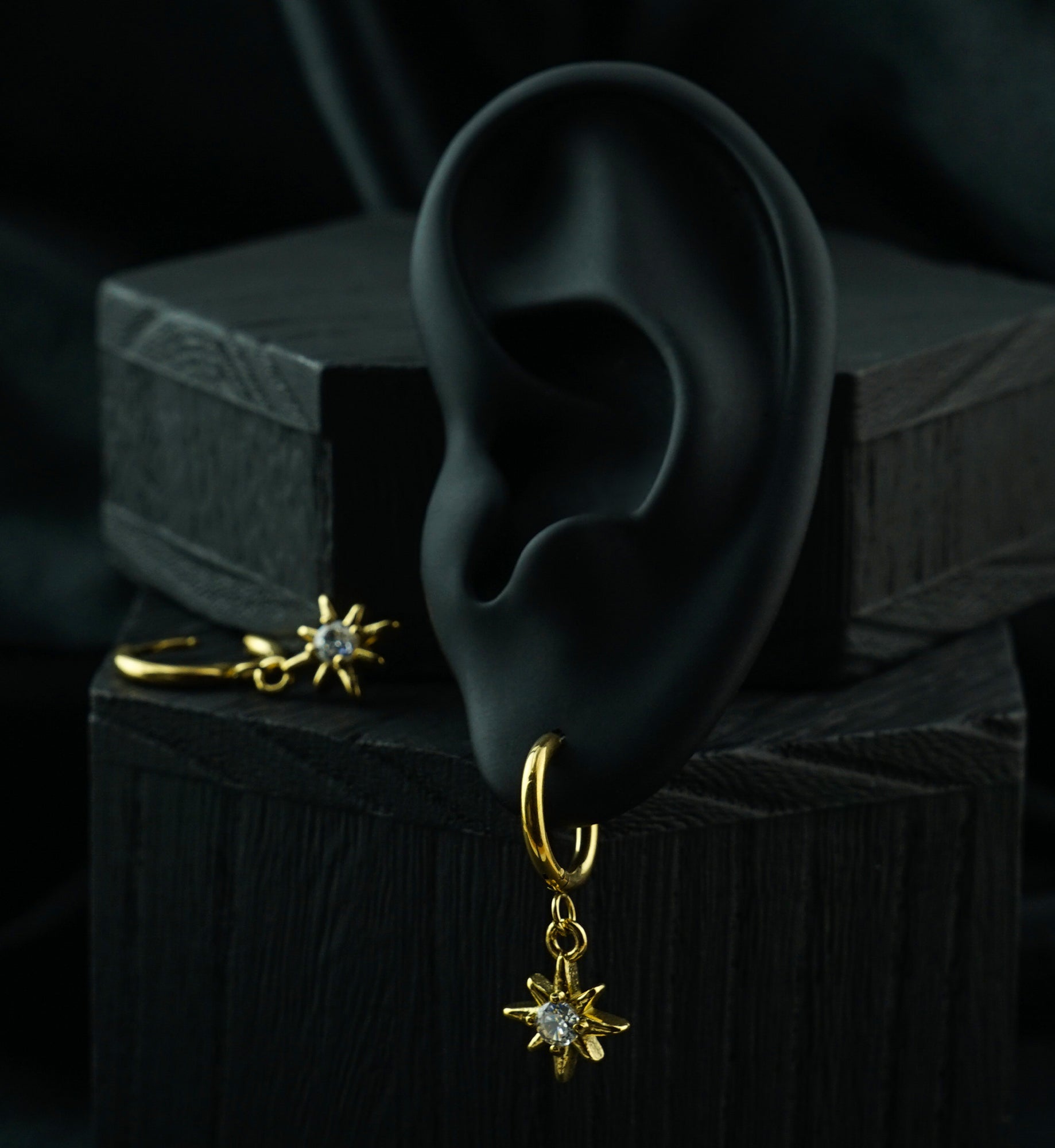 Gold PVD Starburst Clear CZ Stainless Steel Hinged Hoop Huggie Dangle Earrings