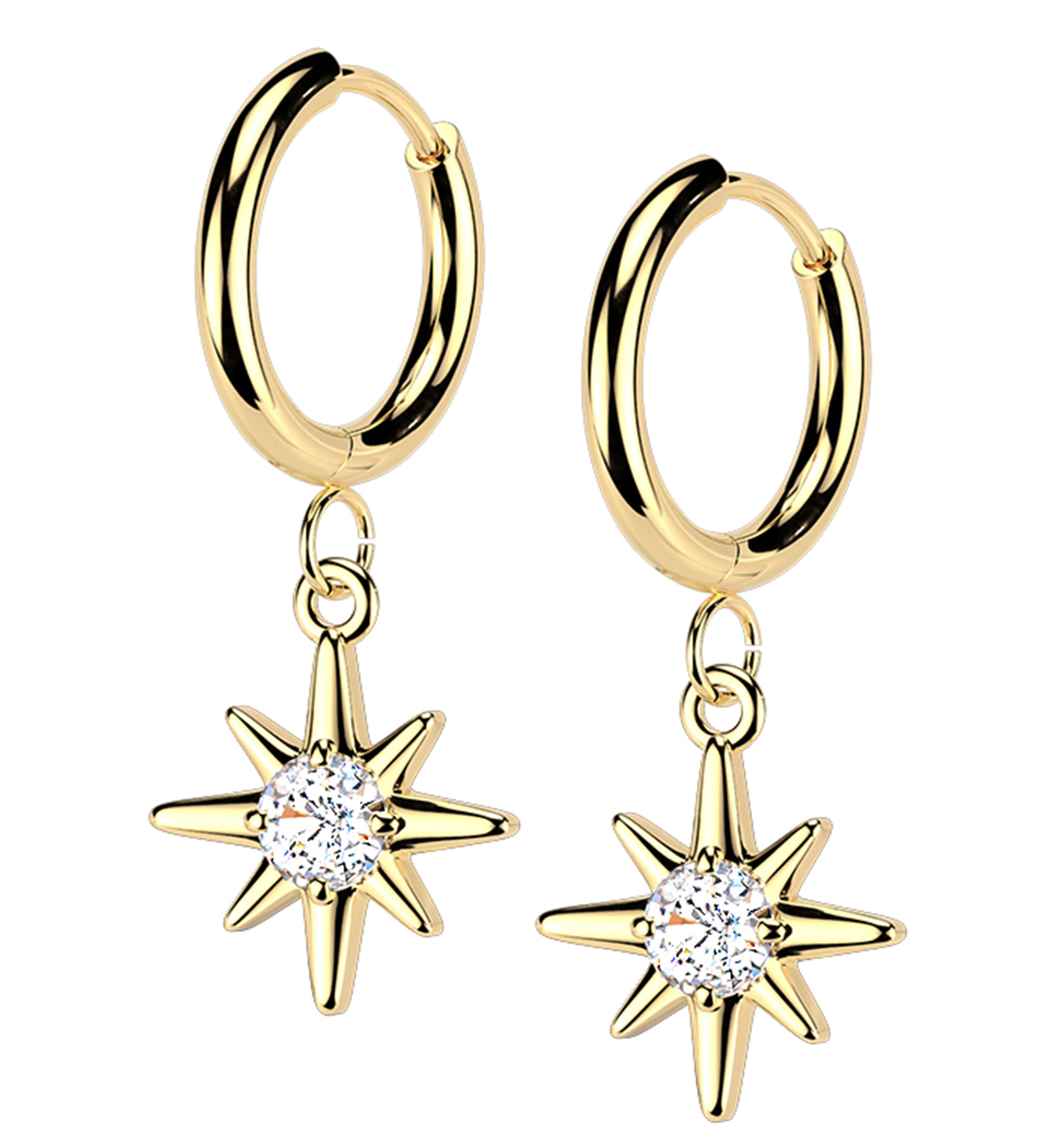 Gold PVD Starburst Clear CZ Stainless Steel Hinged Hoop Huggie Dangle Earrings