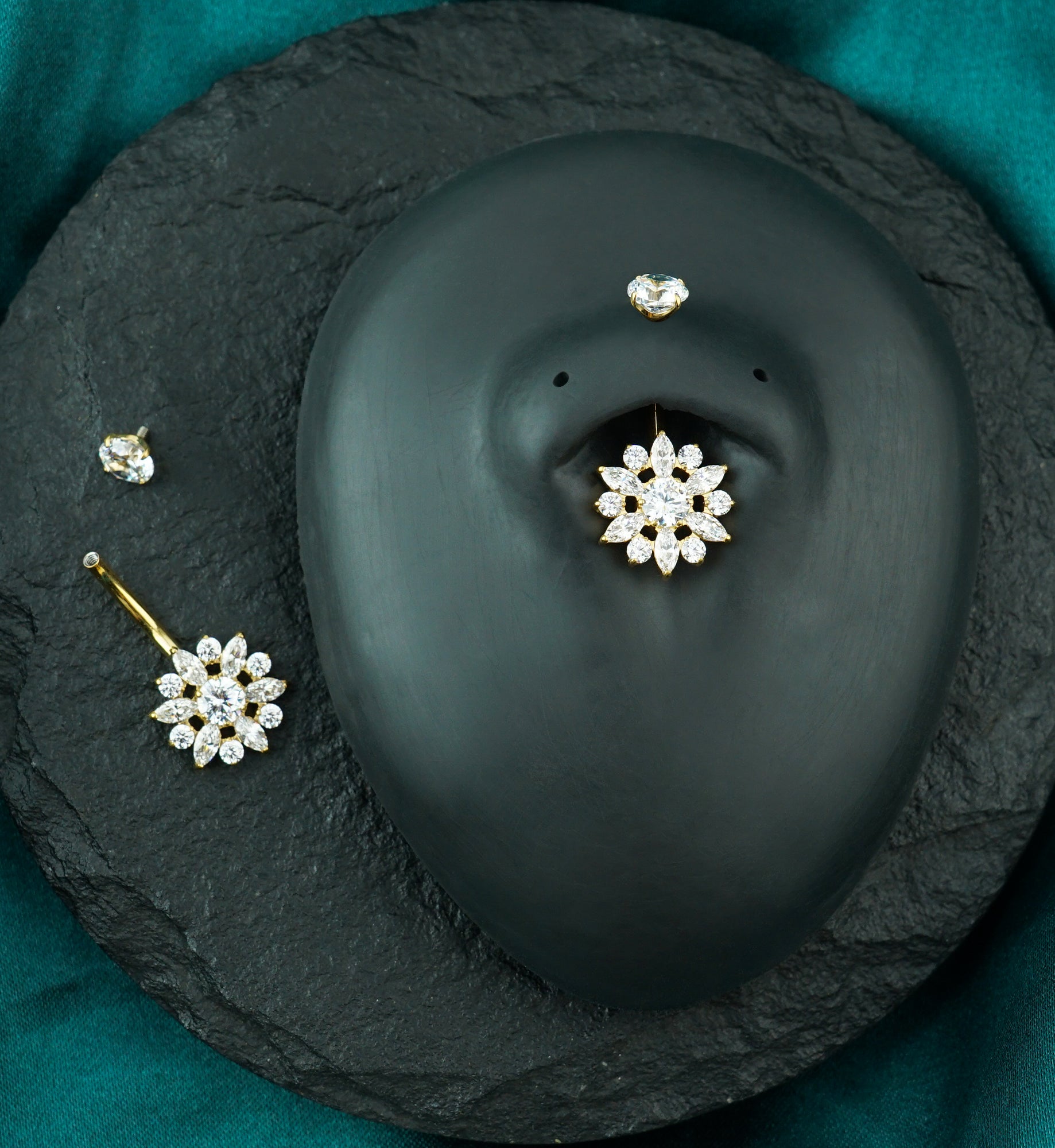 Gold PVD Sunflower CZ Titanium Internally Threaded Belly Button Ring