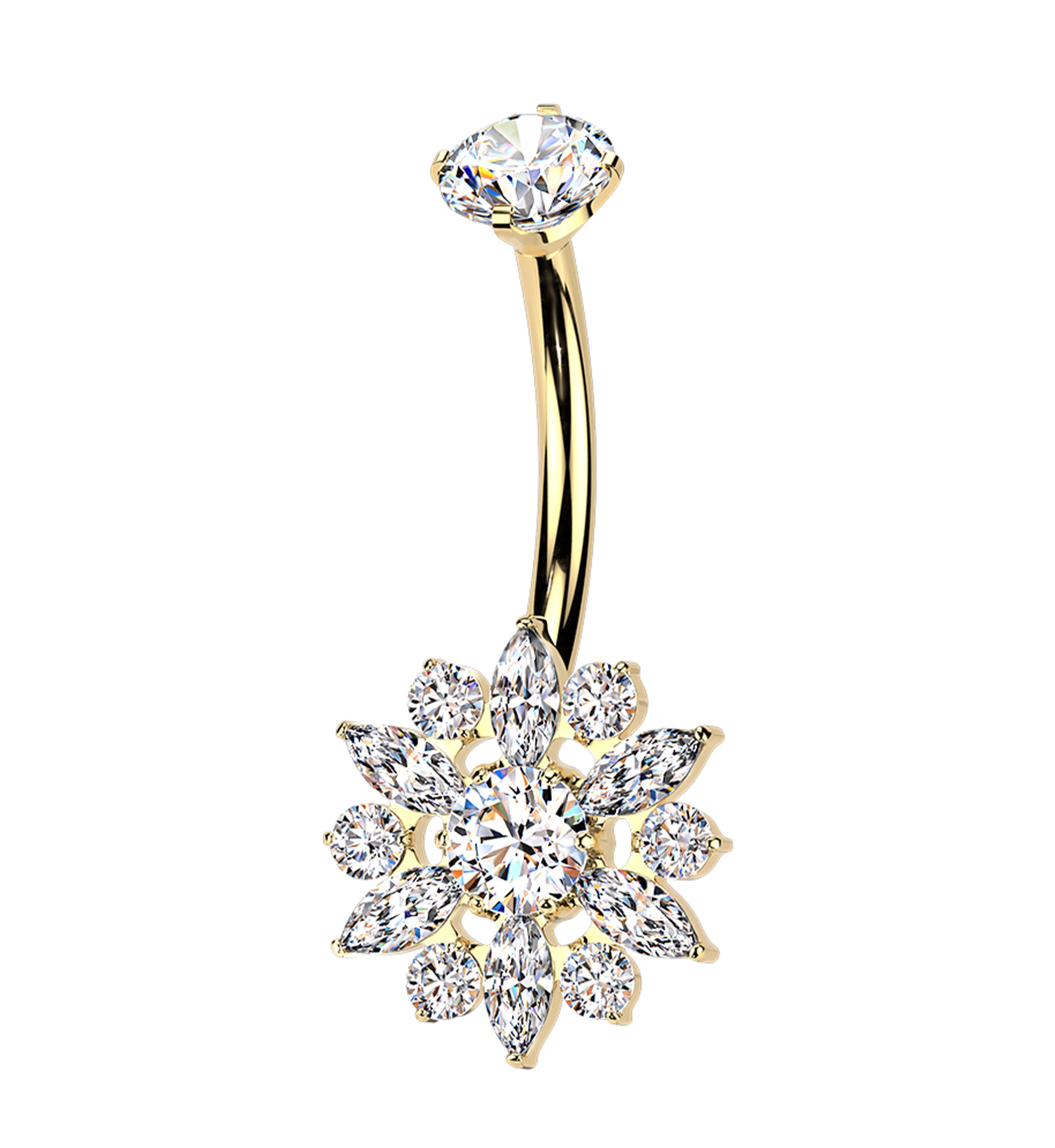Gold PVD Sunflower CZ Titanium Internally Threaded Belly Button Ring