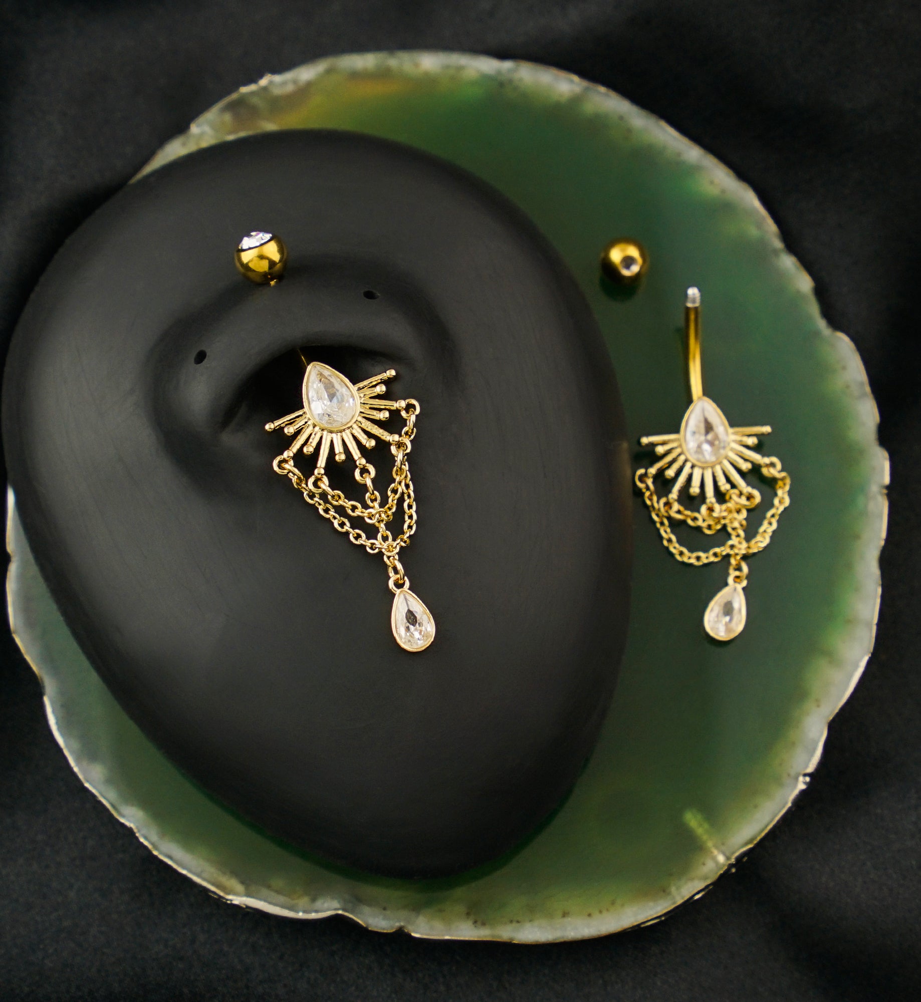 Gold PVD Sunrays Teardrop Clear CZ Dangle Chain Stainless Steel Belly Button Ring