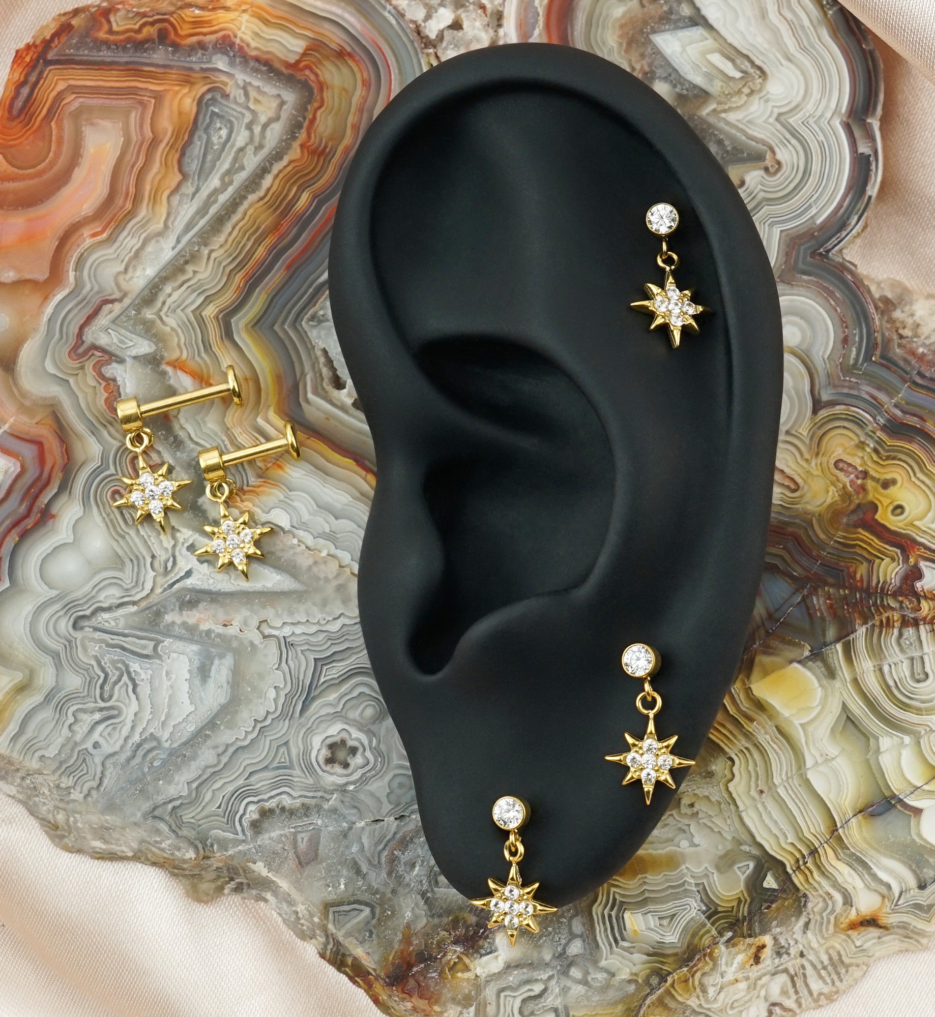 Gold PVD Sunshine CZ Dangle Internally Threaded Stainless Steel Labret