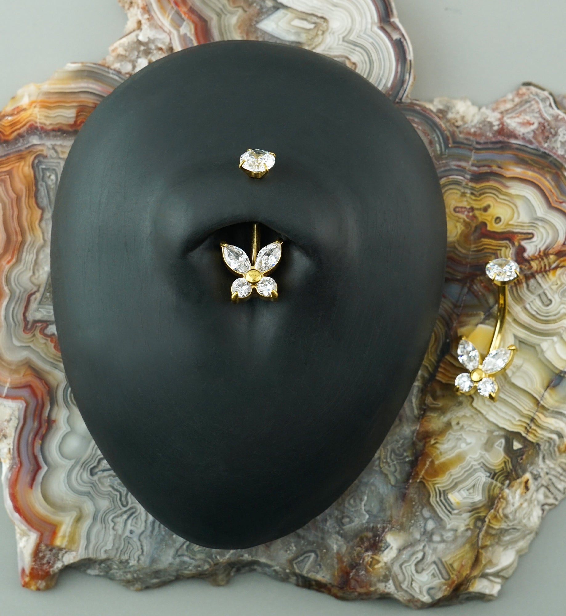 Gold PVD Swallowtail CZ Stainless Steel Internally Threaded Belly Button Ring