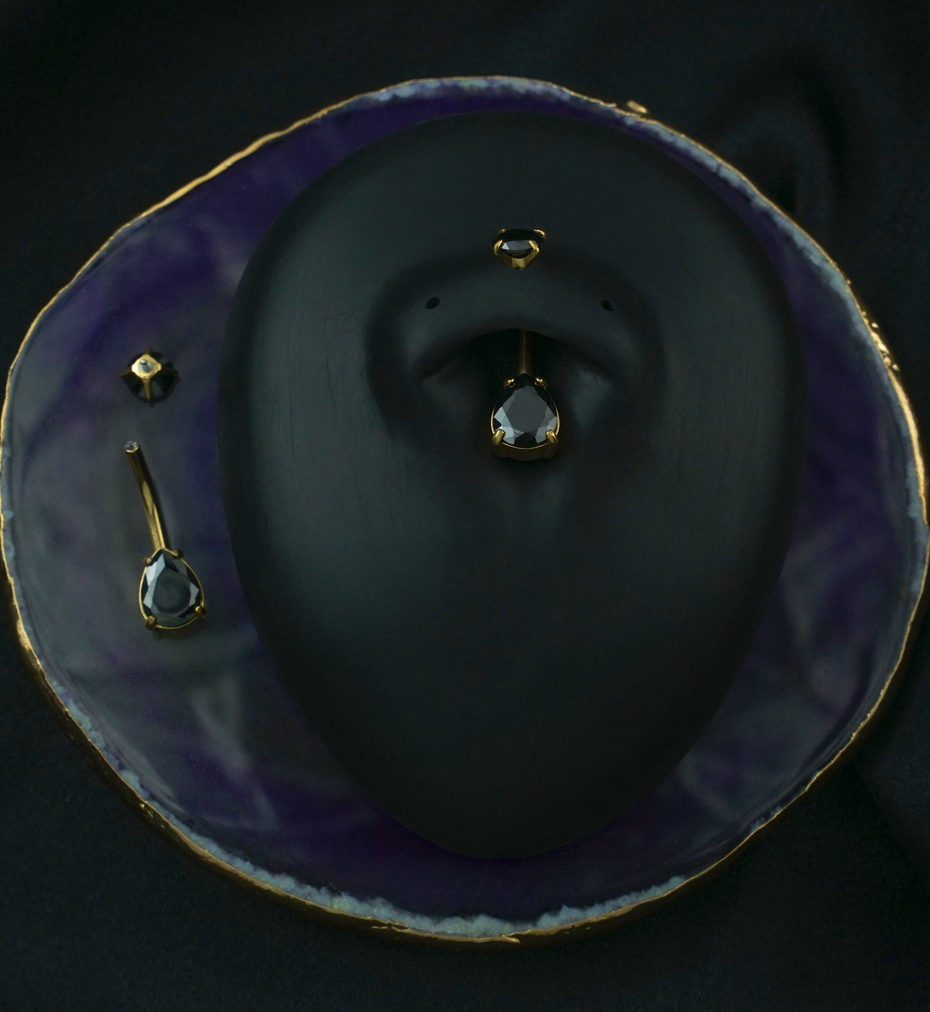 Gold PVD Teardrop Black CZ Internally Threaded Stainless Steel Belly Button Ring