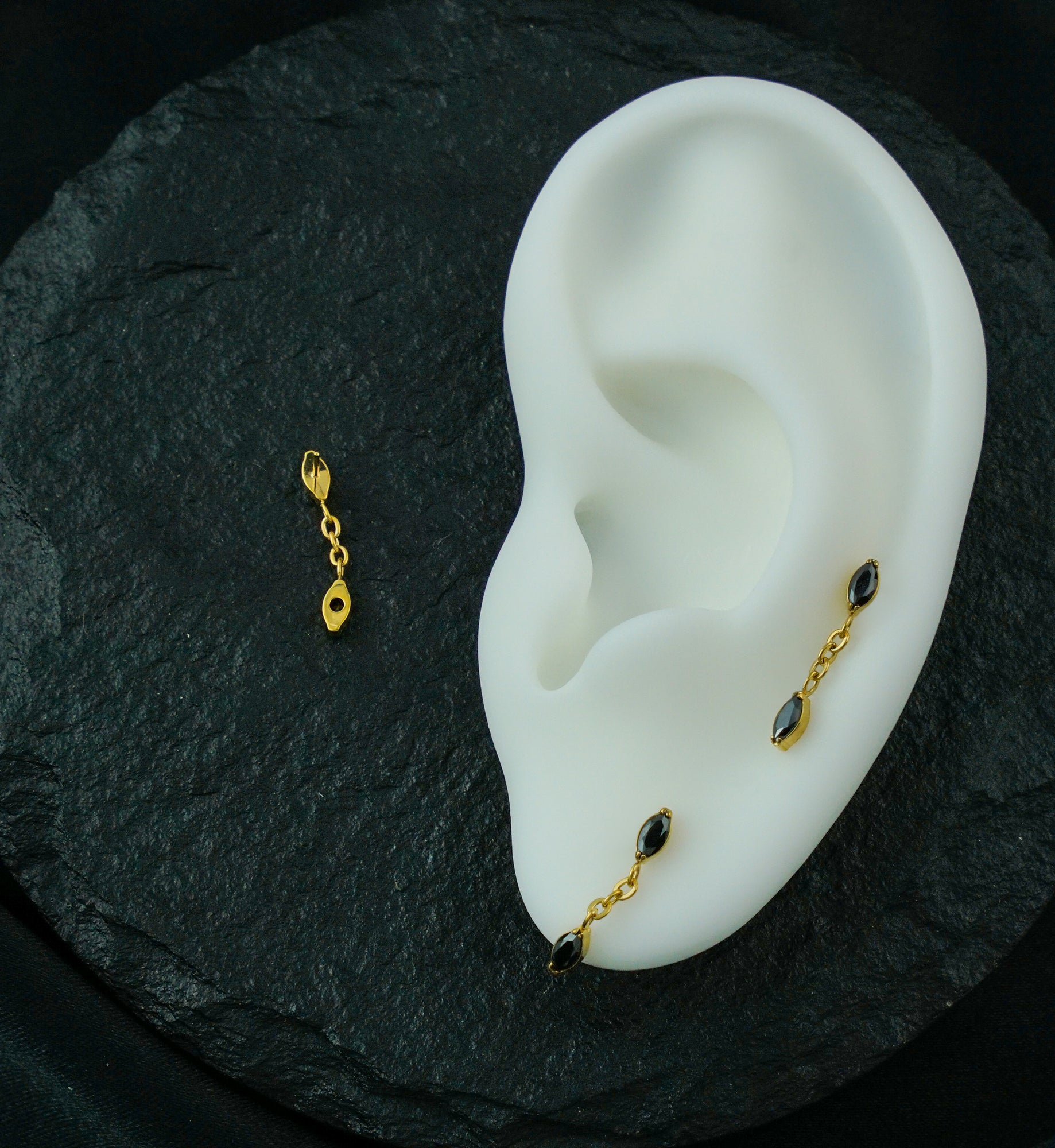 Gold PVD Teardrop Chain Link Dangle Black CZ Titanium Threadless Top