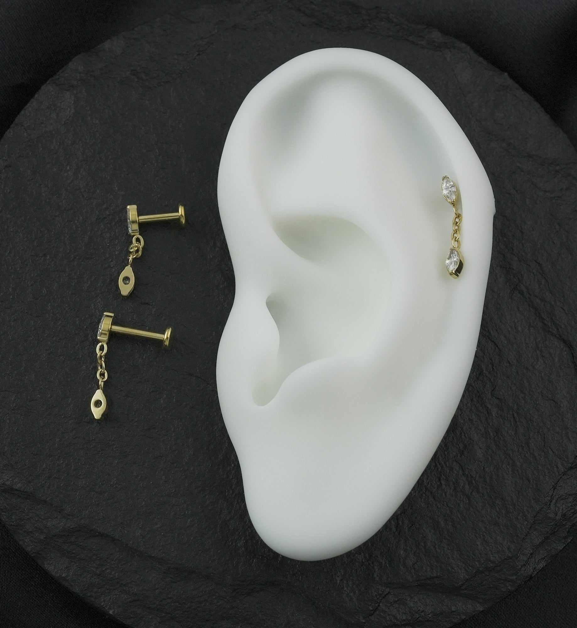 Gold PVD Teardrop Chain Link Dangle Clear CZ Internally Threaded Titanium Labret