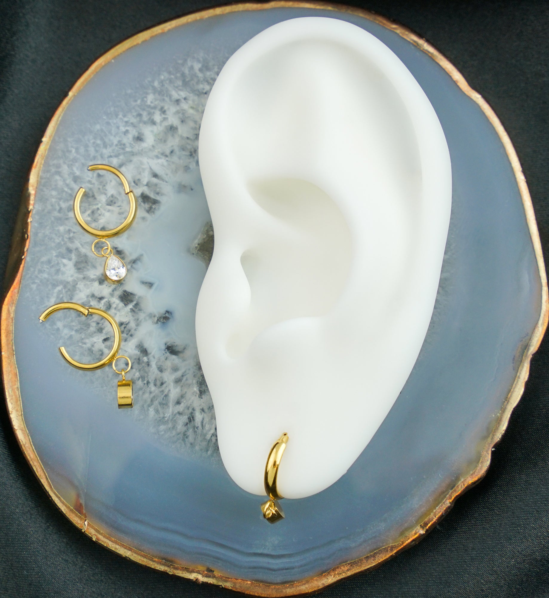 Gold PVD Teardrop Clear CZ Dangle Titanium Hinged Segment Ring