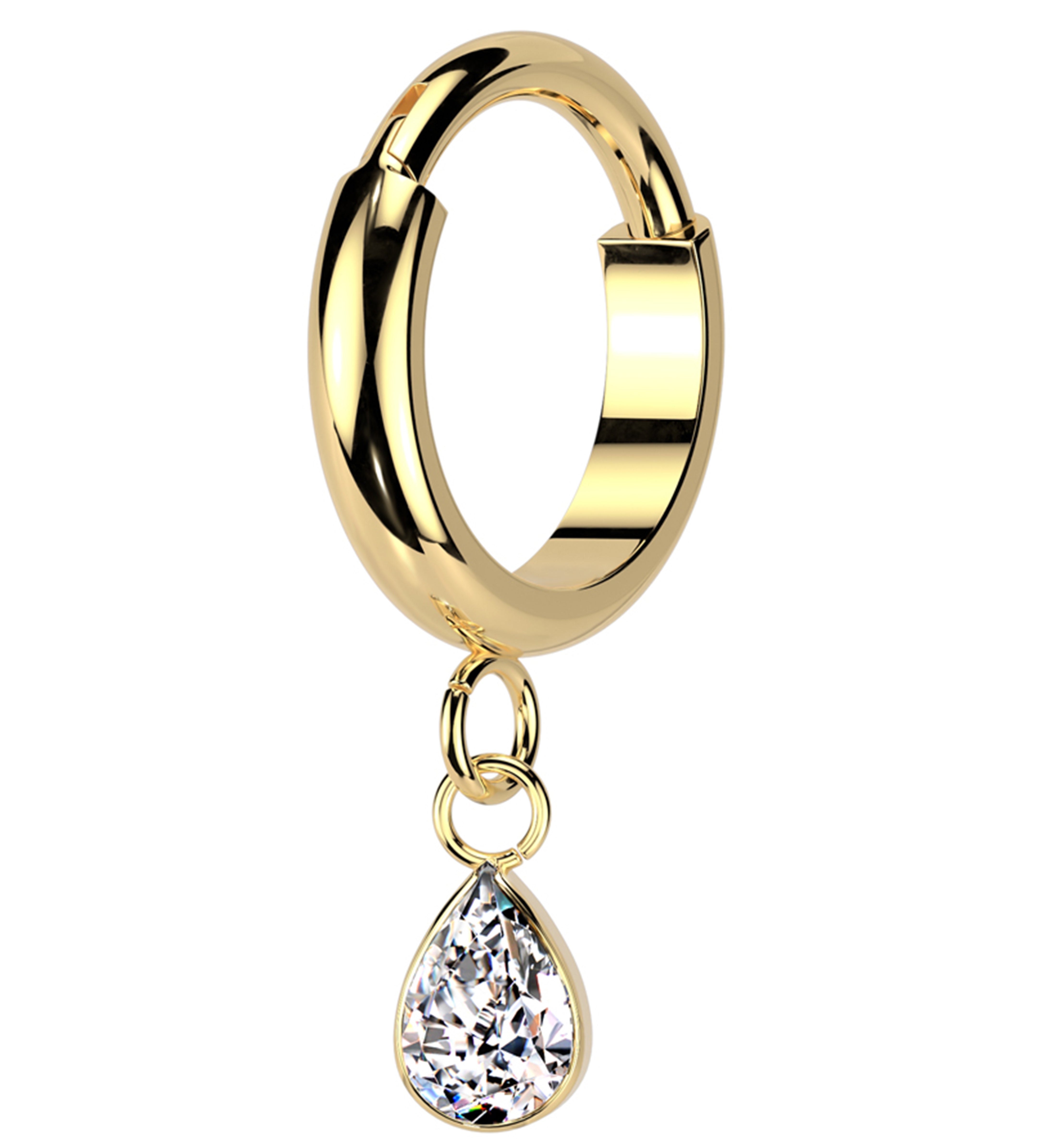 Gold PVD Teardrop Clear CZ Dangle Titanium Hinged Segment Ring