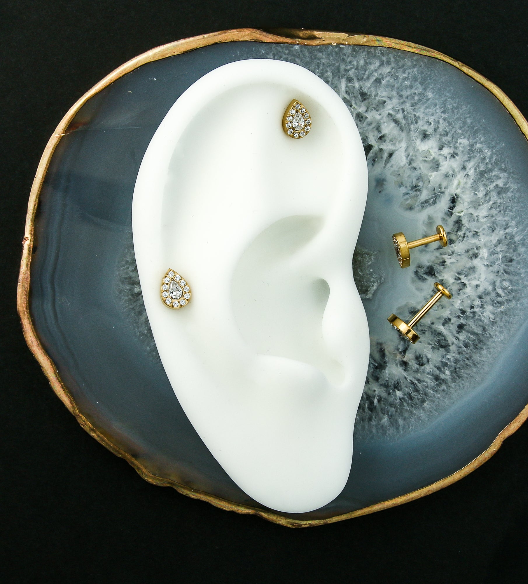 Gold PVD Teardrop Clear CZ Internally Threaded Titanium Labret