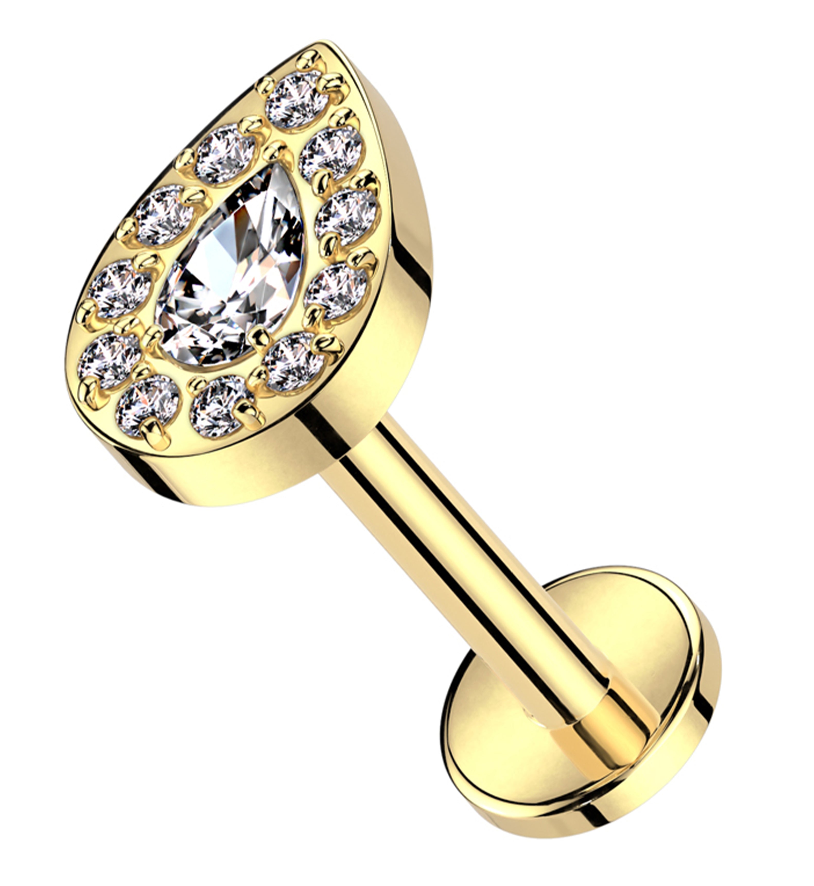 Gold PVD Teardrop Clear CZ Internally Threaded Titanium Labret