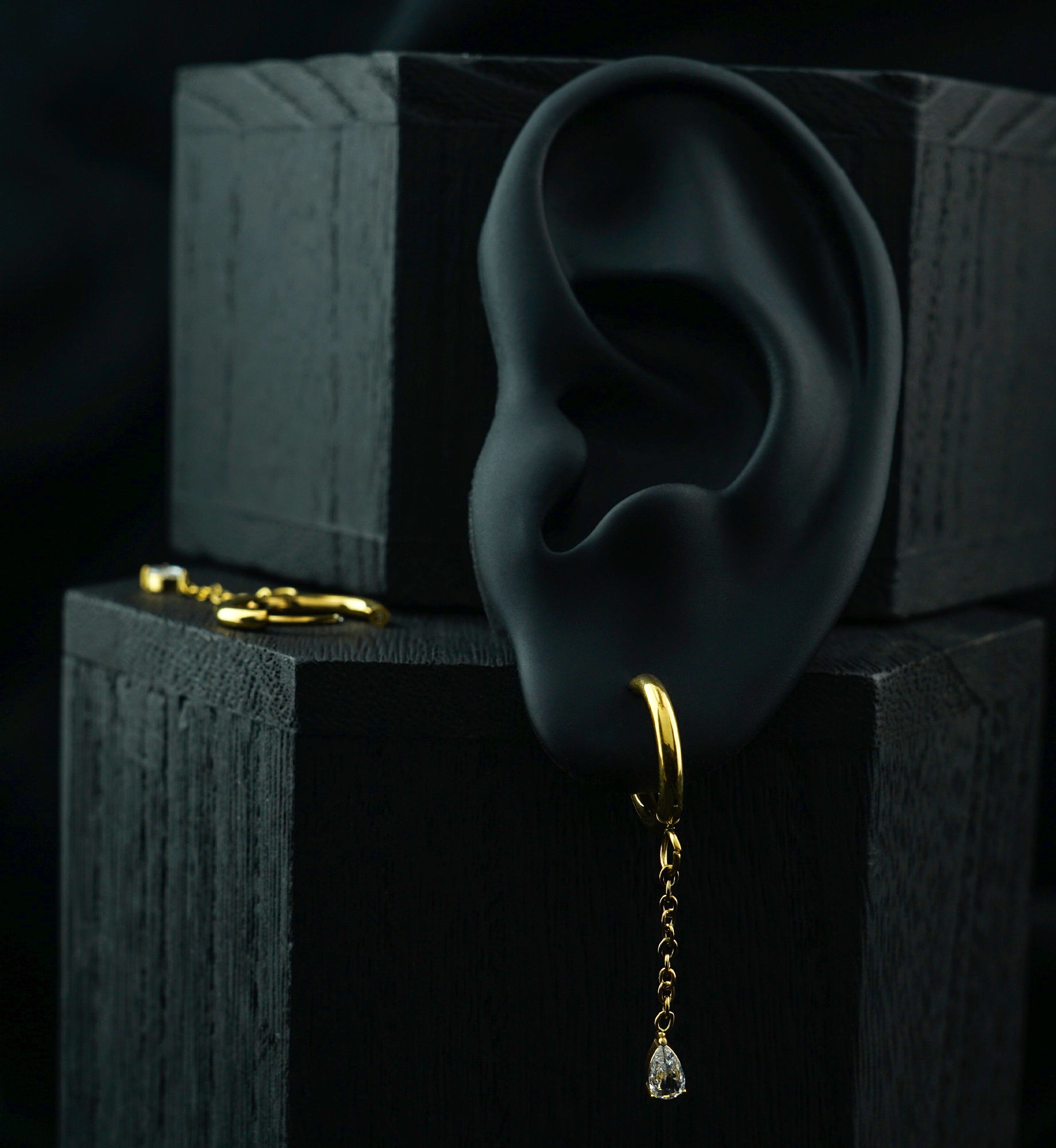 Gold PVD Teardrop CZ Dangle Stainless Steel Hinged Hoop Huggie Earrings