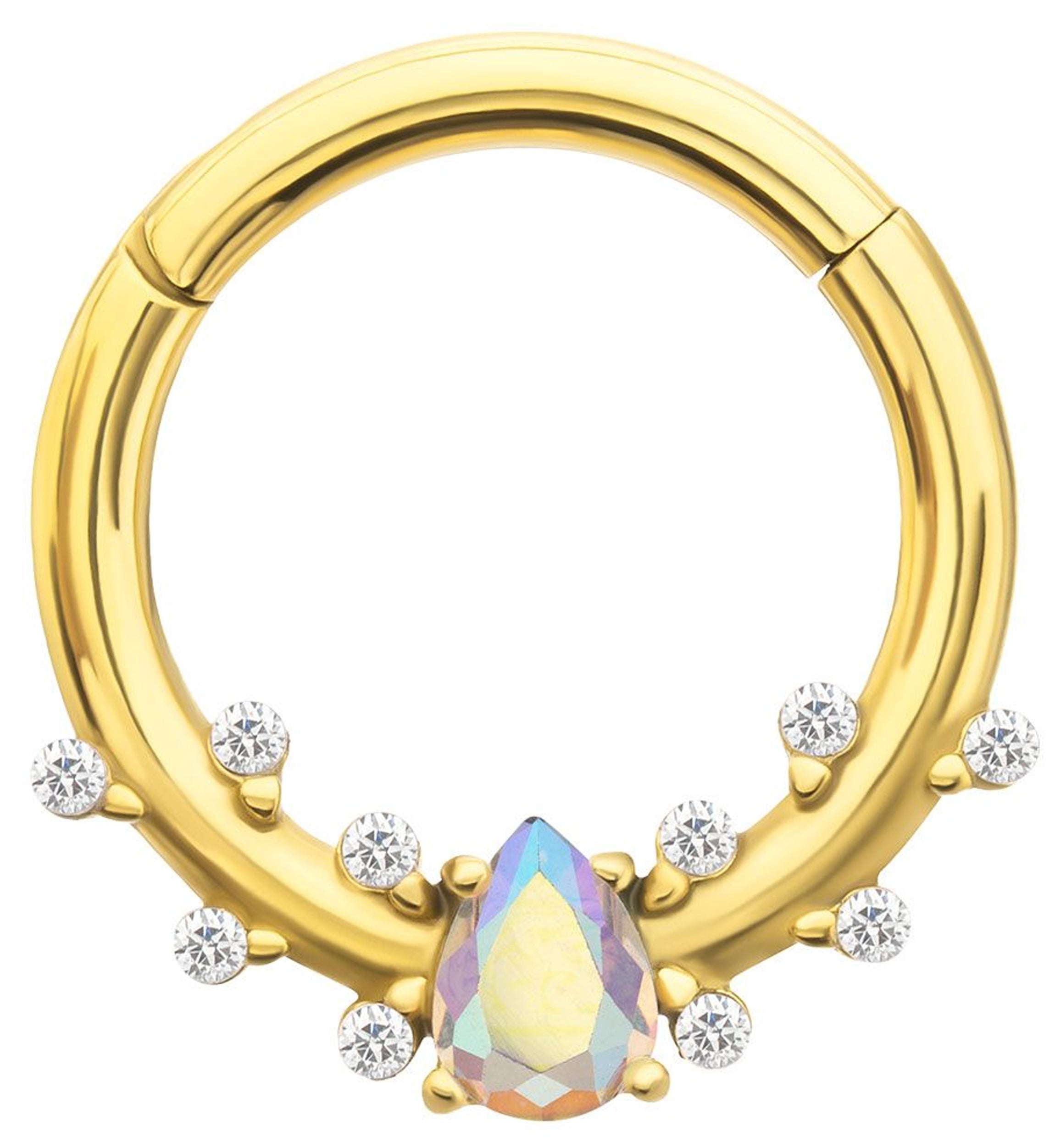 Gold PVD Teardrop Rainbow Aurora And Clear CZ Stainless Steel Hinged Segment Ring
