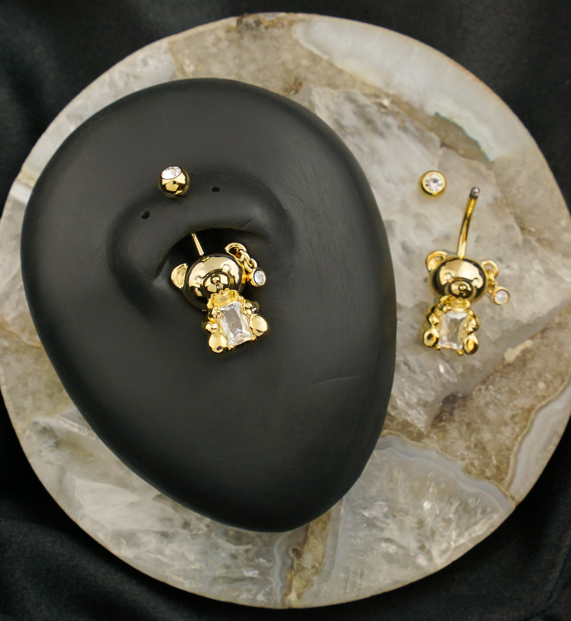 Gold PVD Teddy Bear Baguette Clear CZ Stainless Steel Belly Button Rin