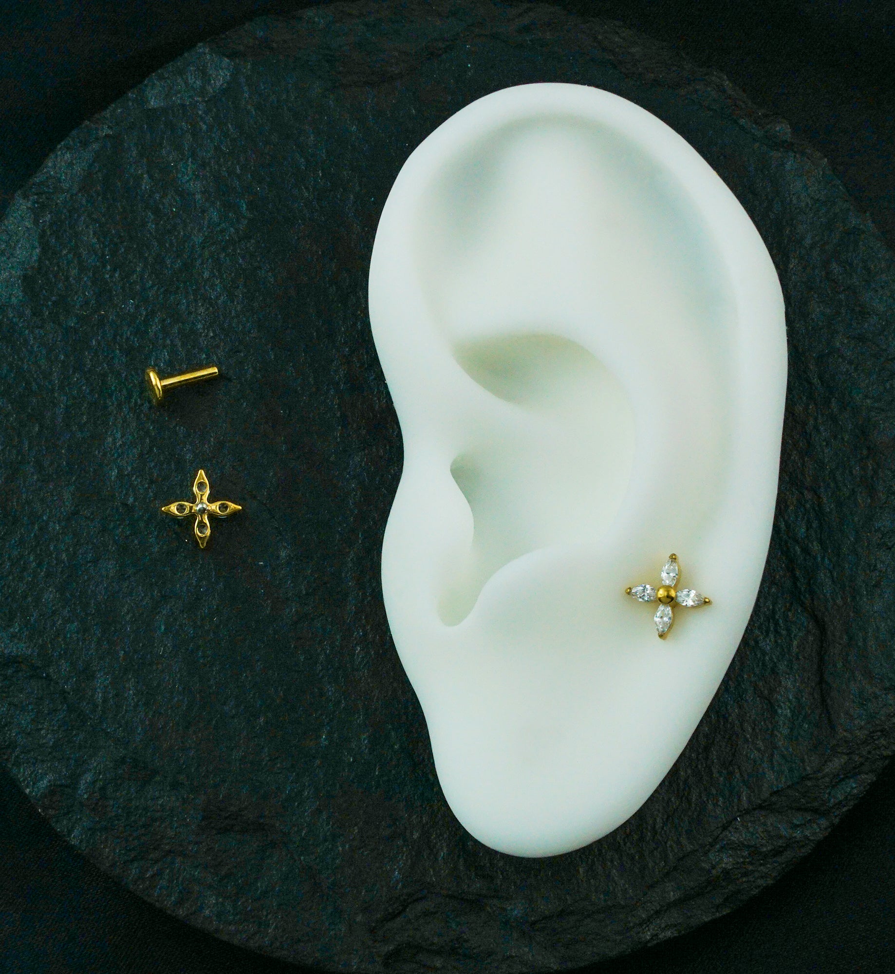 Gold PVD Tetrad Marquise Clear CZ Internally Threaded Titanium Labret