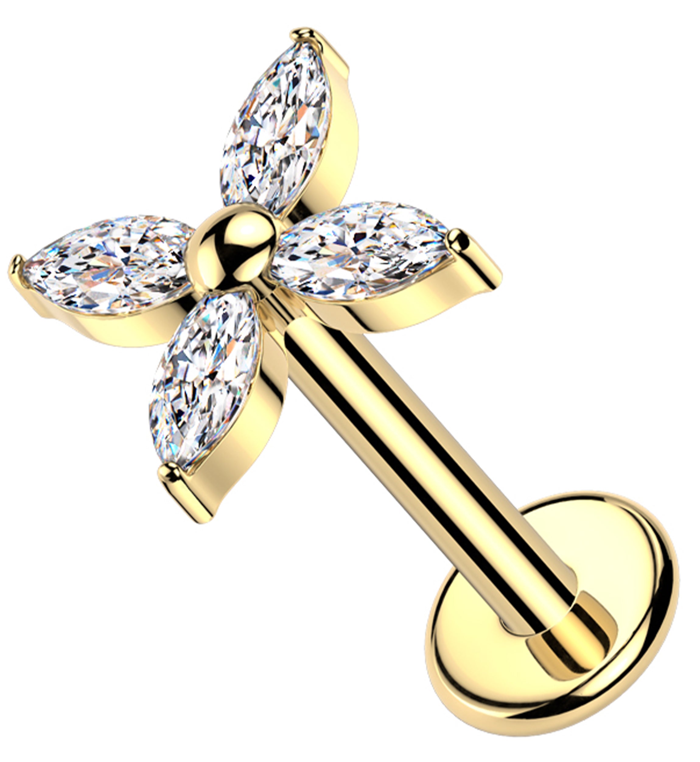 Gold PVD Tetrad Marquise Clear CZ Internally Threaded Titanium Labret