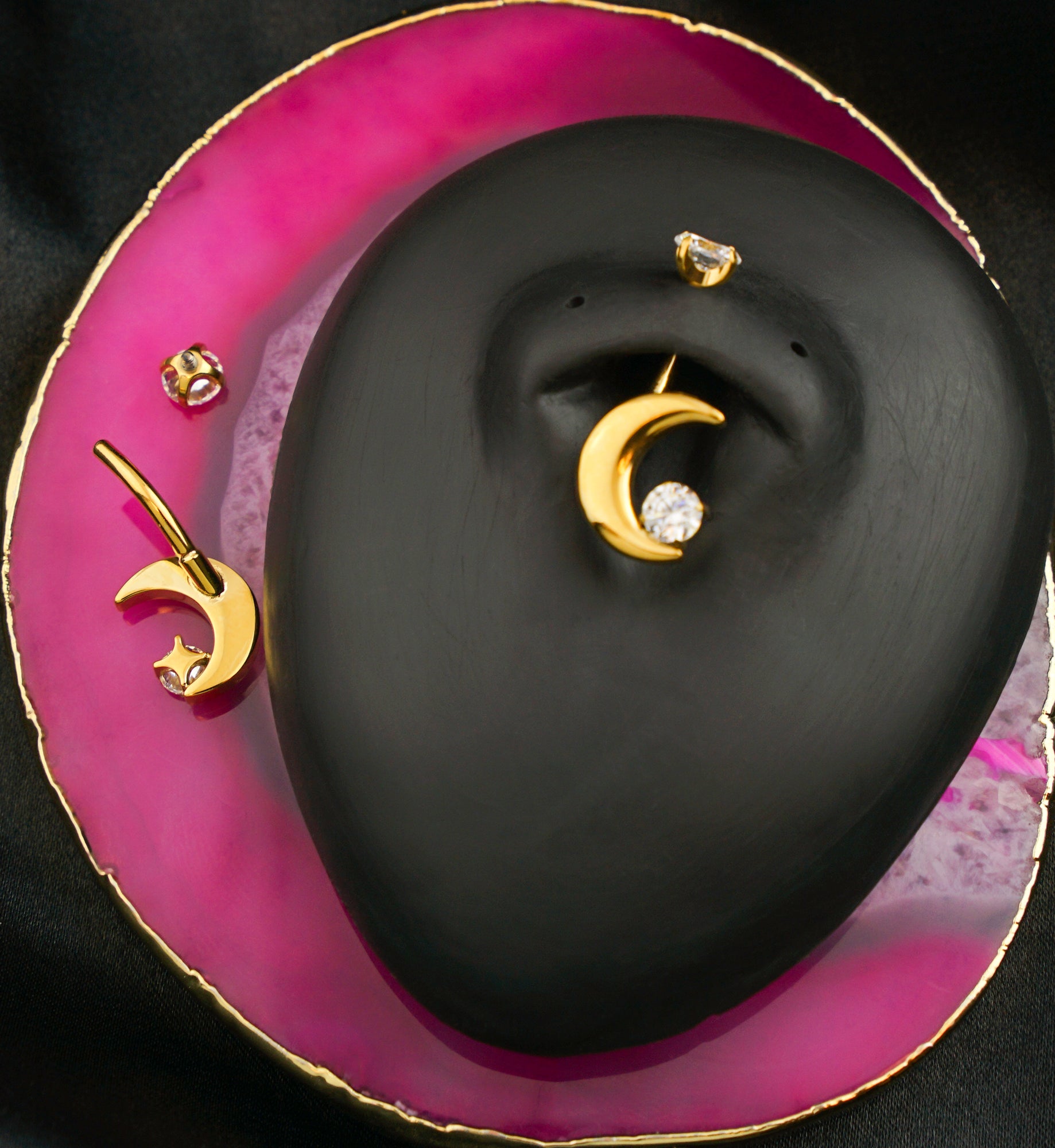 Gold PVD Thick Crescent Clear CZ Titanium Internally Threaded Belly Button Ring