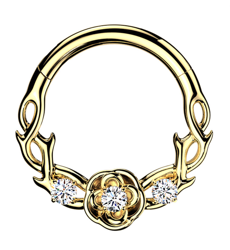 Gold PVD Thorned Rose CZ Stainless Steel Hinged Segment Ring