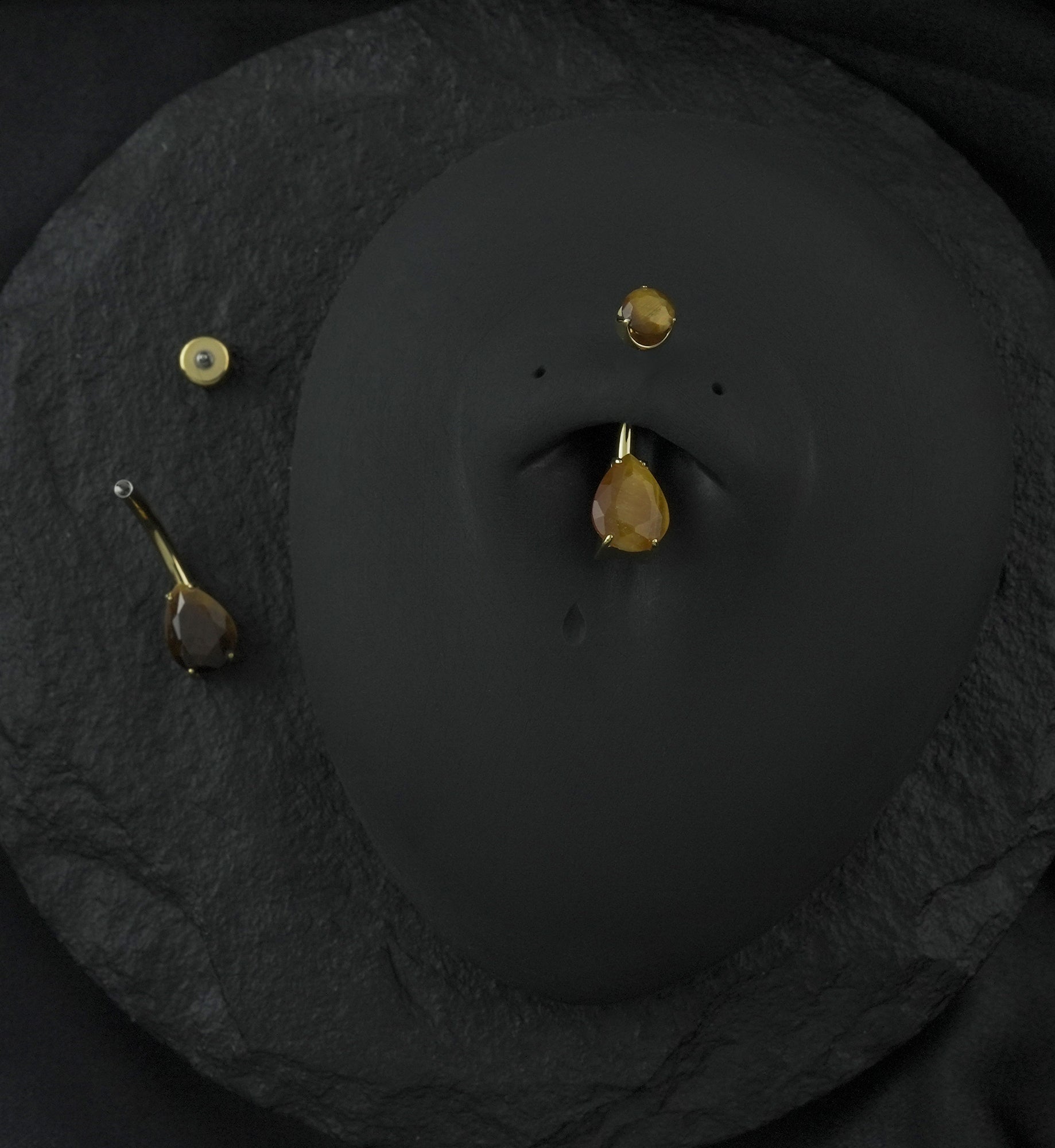 Gold PVD Tiger Eye Teardrop Internally Threaded Titanium Belly Button Ring