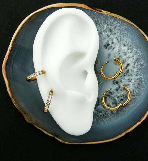 Gold PVD Titanium Clear CZ Hinged Hoop Huggie Earrings