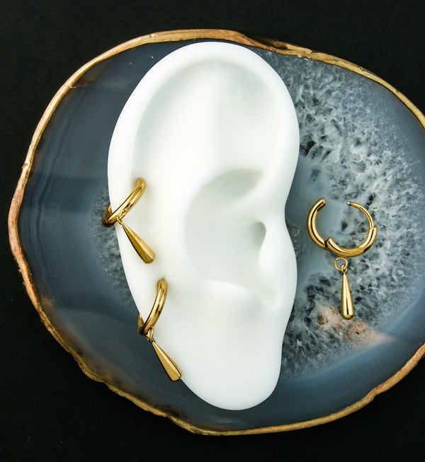 Gold PVD Titanium Teardrop Dangle Hinged Hoop Huggie Earrings