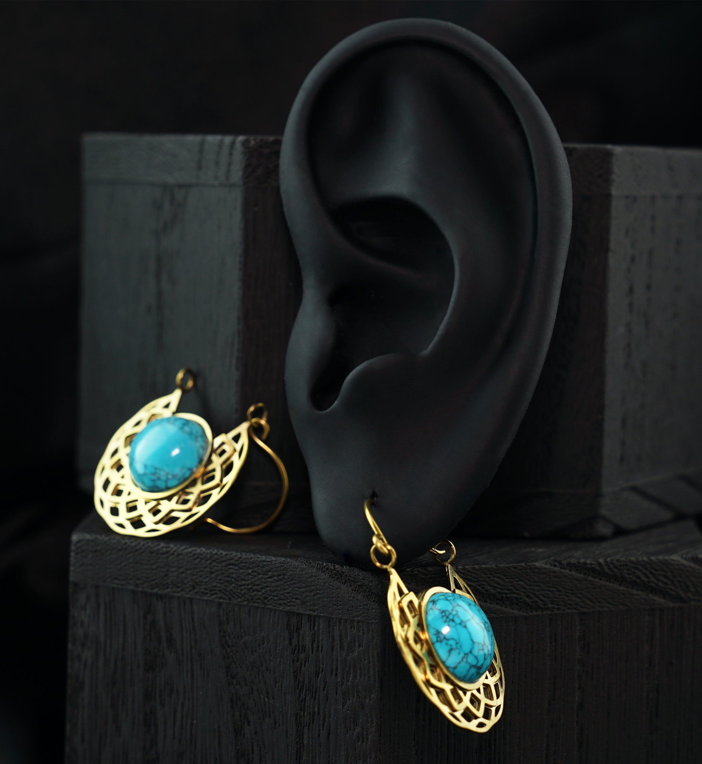 Gold PVD Torus Howlite Turquoise Stone Inlay Stainless Steel Earrings