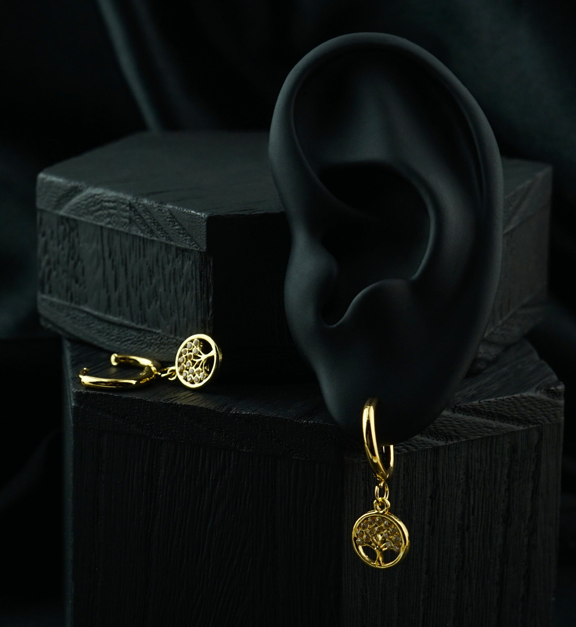 Gold PVD Tree of Life Clear CZ Stainless Steel Hinged Hoop Huggie Dangle Earrings