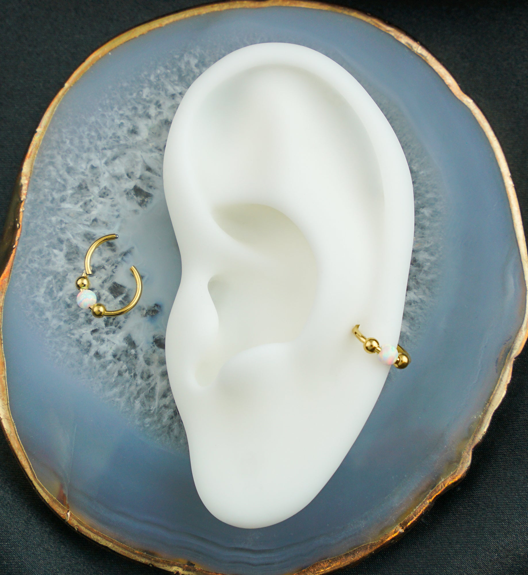 Gold PVD Tri-Ball White Opalite Titanium Hinged Segment Ring