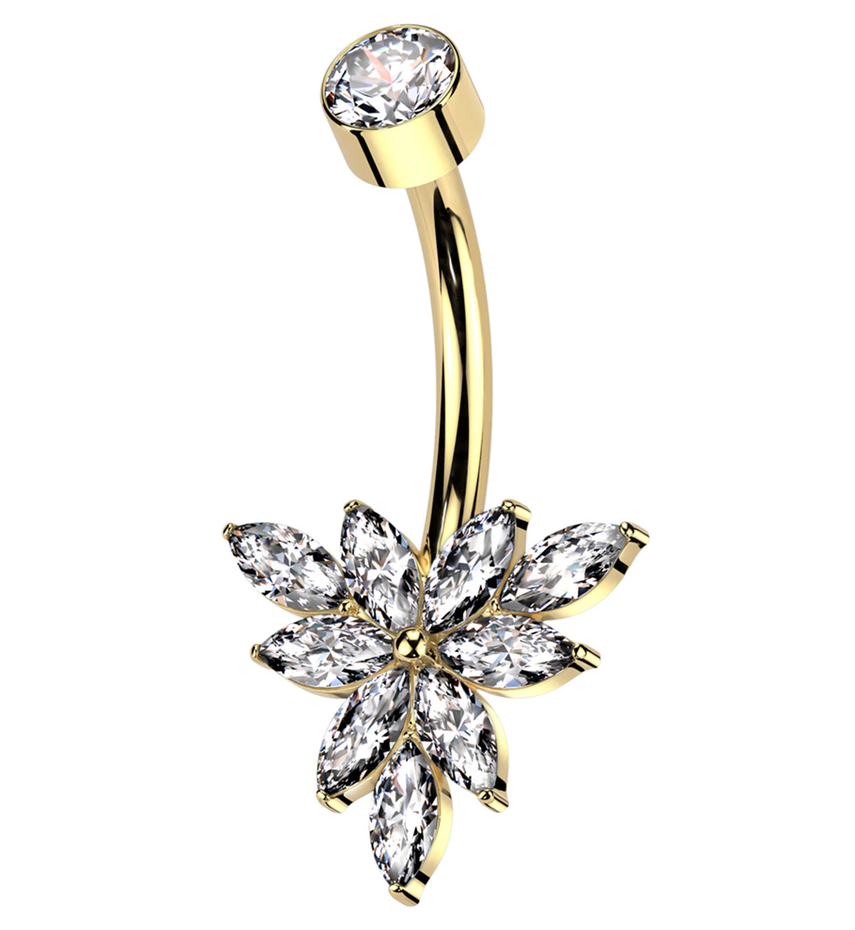 Triangular Pvd Gold PVD Triangle Marquise Flower Clear CZ Internally Threaded Titaniu
