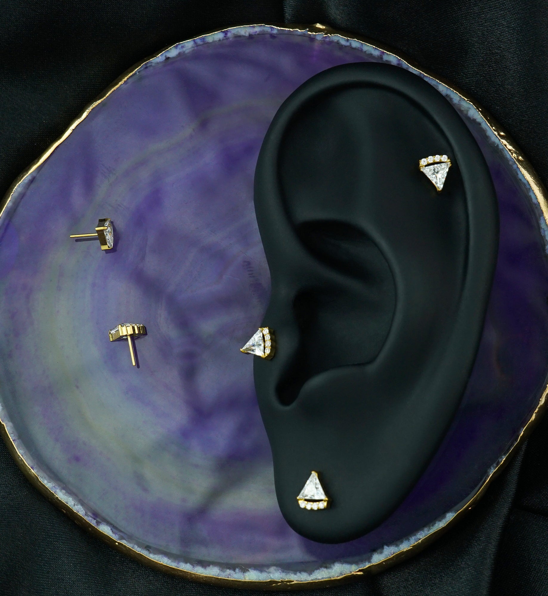 Gold PVD Triangle Slice Clear CZ Titanium Threadless Top