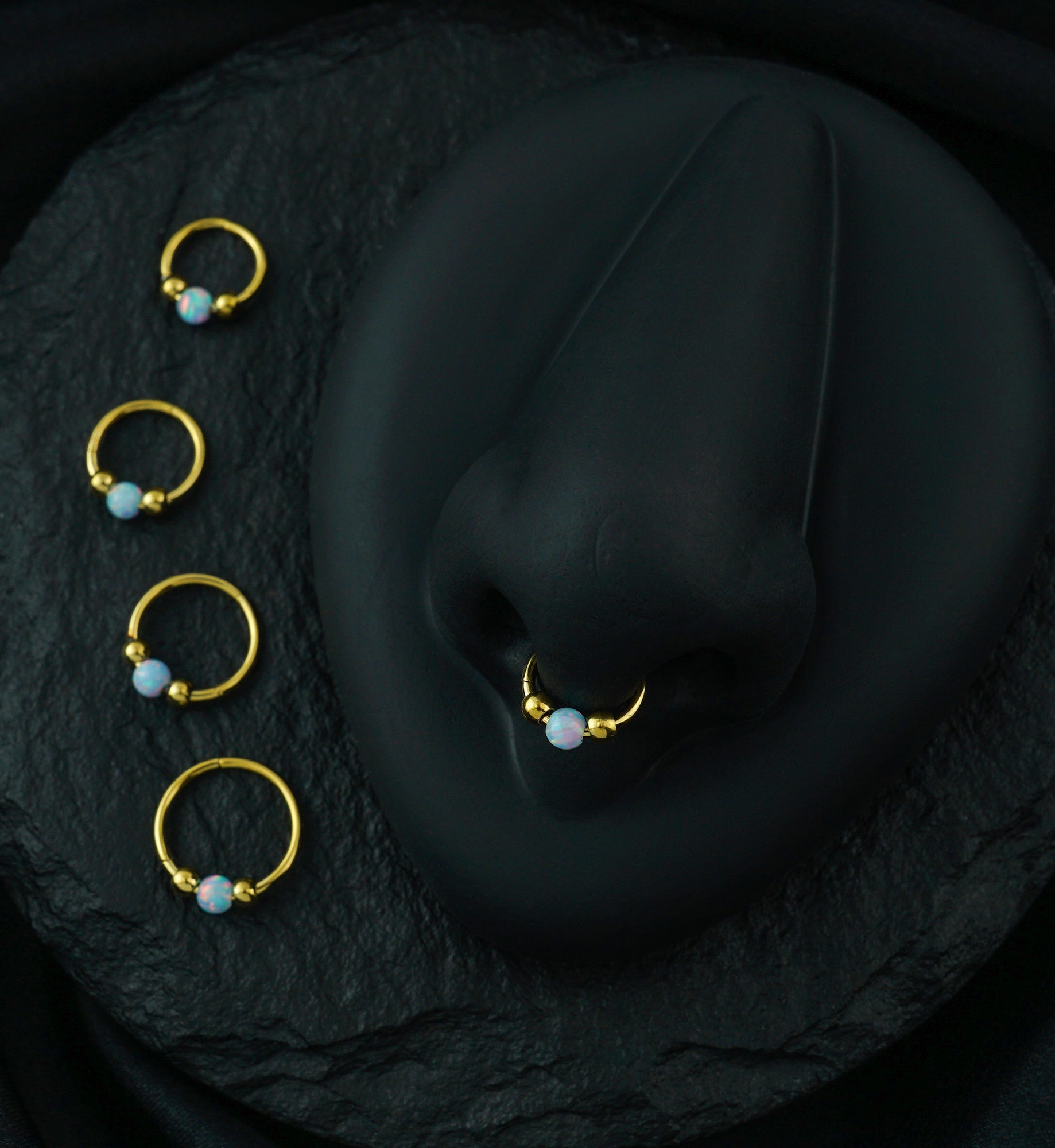 Gold PVD Triple Ball White Opalite Stainless Steel Hinged Segment Ring